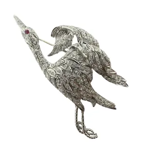 18K White Gold Diamond and Ruby Bird Crane Brooch