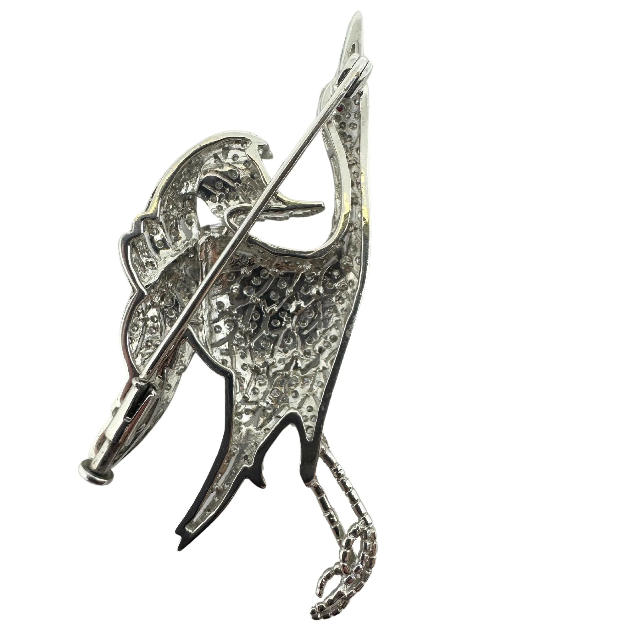 18K White Gold Diamond and Ruby Bird Crane Brooch