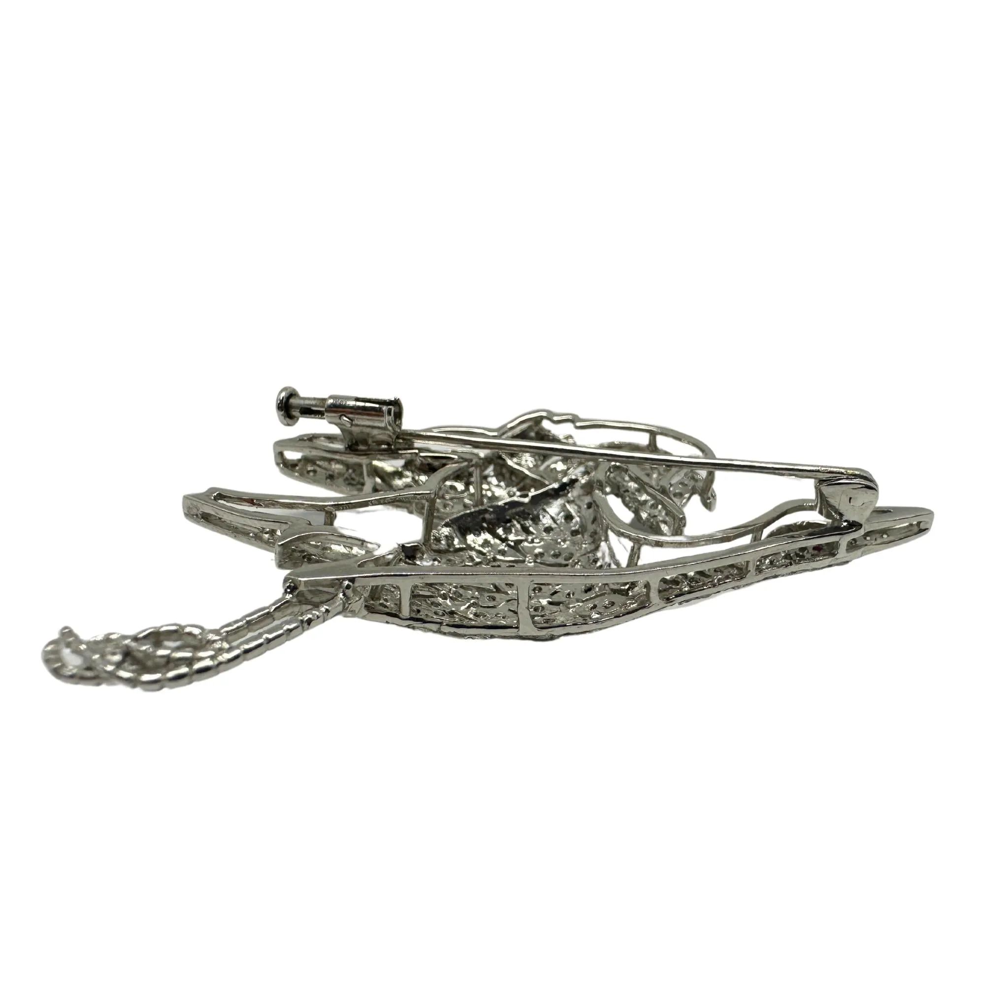 18K White Gold Diamond and Ruby Bird Crane Brooch