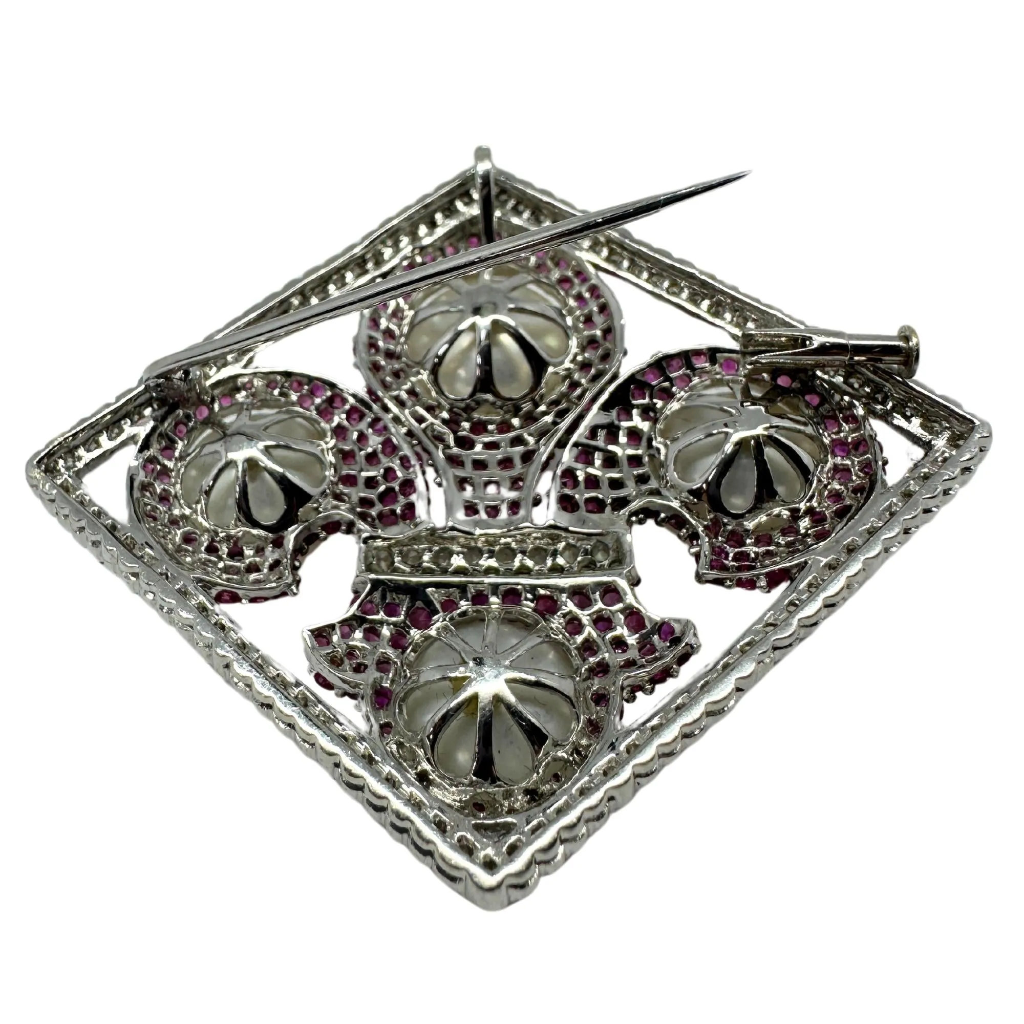 18K White Gold Diamond, Multicolor Sapphire and Pearl Brooch and Pendant