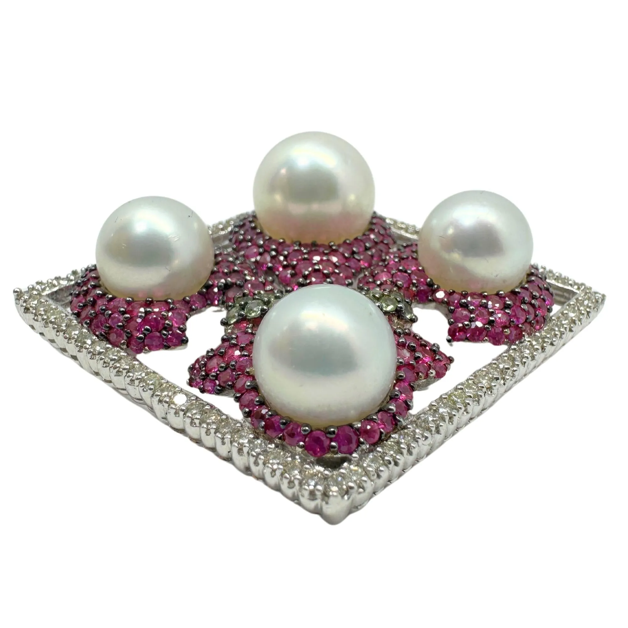 18K White Gold Diamond, Multicolor Sapphire and Pearl Brooch and Pendant