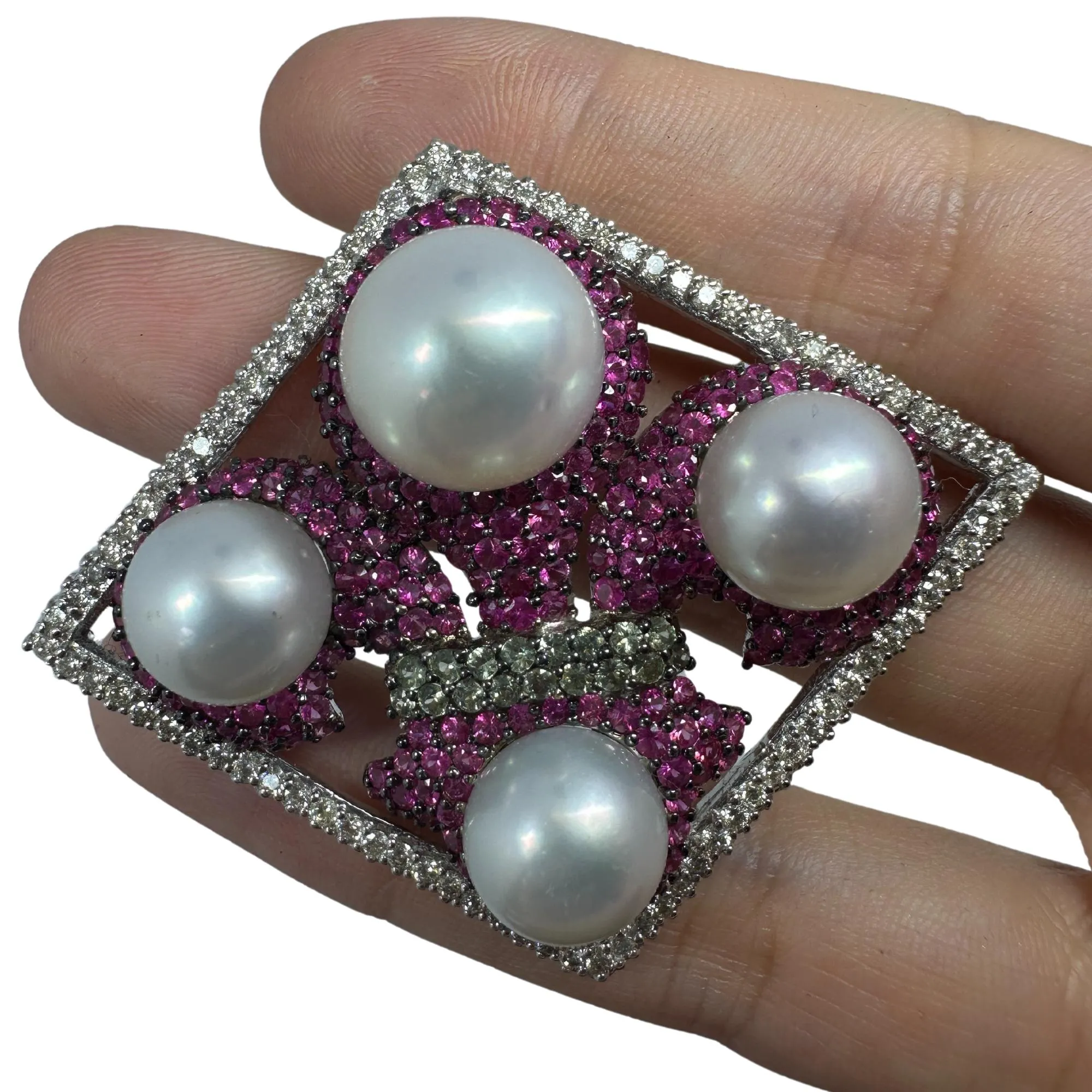 18K White Gold Diamond, Multicolor Sapphire and Pearl Brooch and Pendant