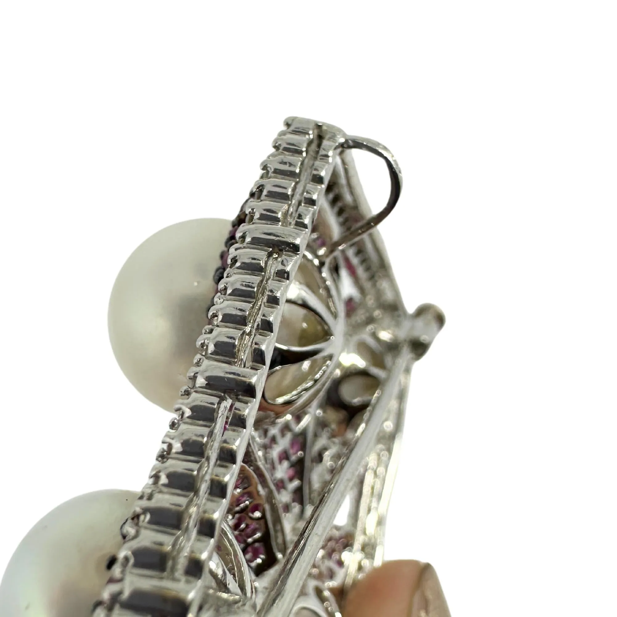 18K White Gold Diamond, Multicolor Sapphire and Pearl Brooch and Pendant