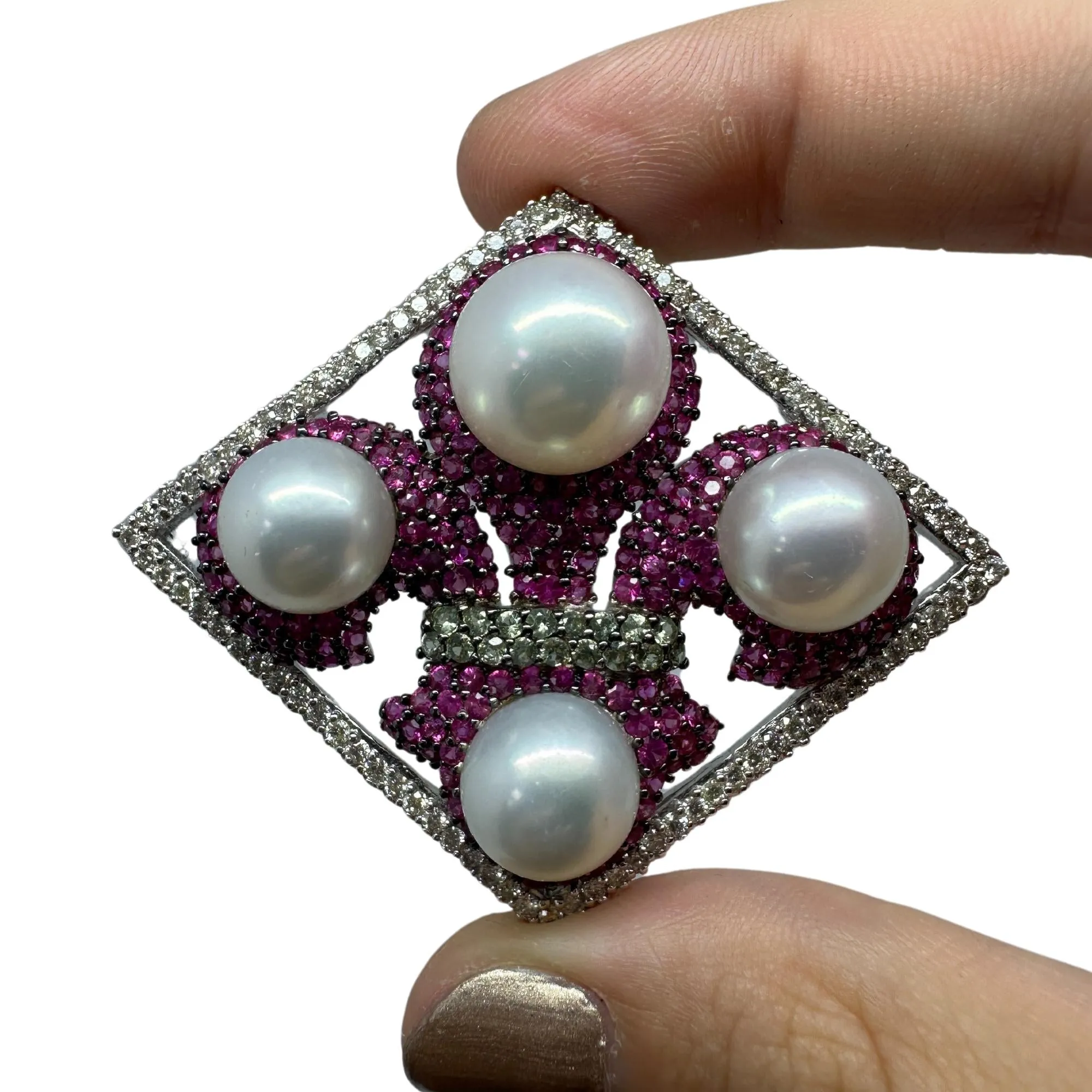 18K White Gold Diamond, Multicolor Sapphire and Pearl Brooch and Pendant