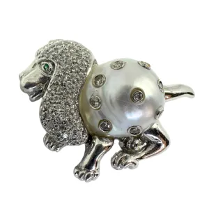 18K White Gold Diamond, Pearl and Emerald Poodle Brooch