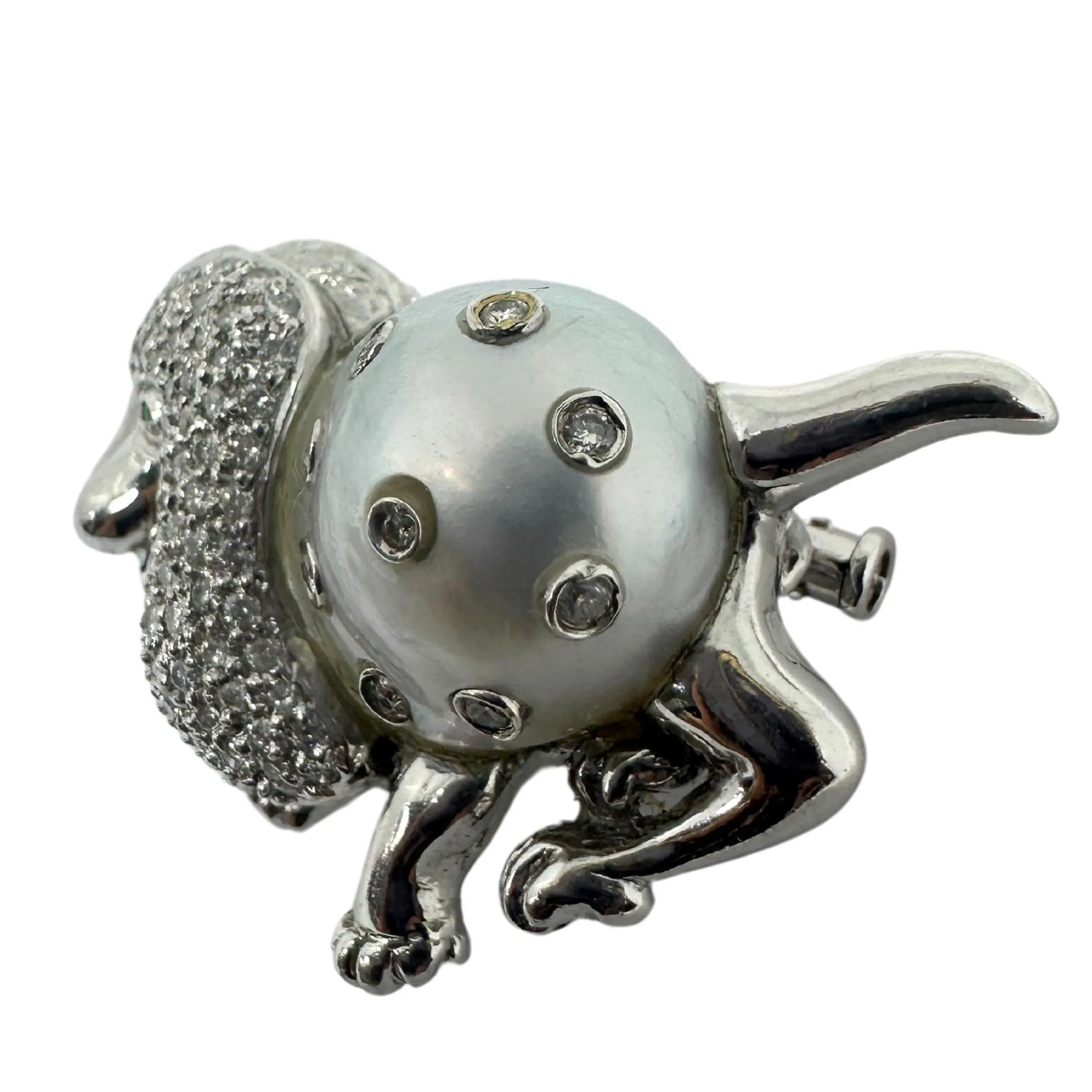 18K White Gold Diamond, Pearl and Emerald Poodle Brooch