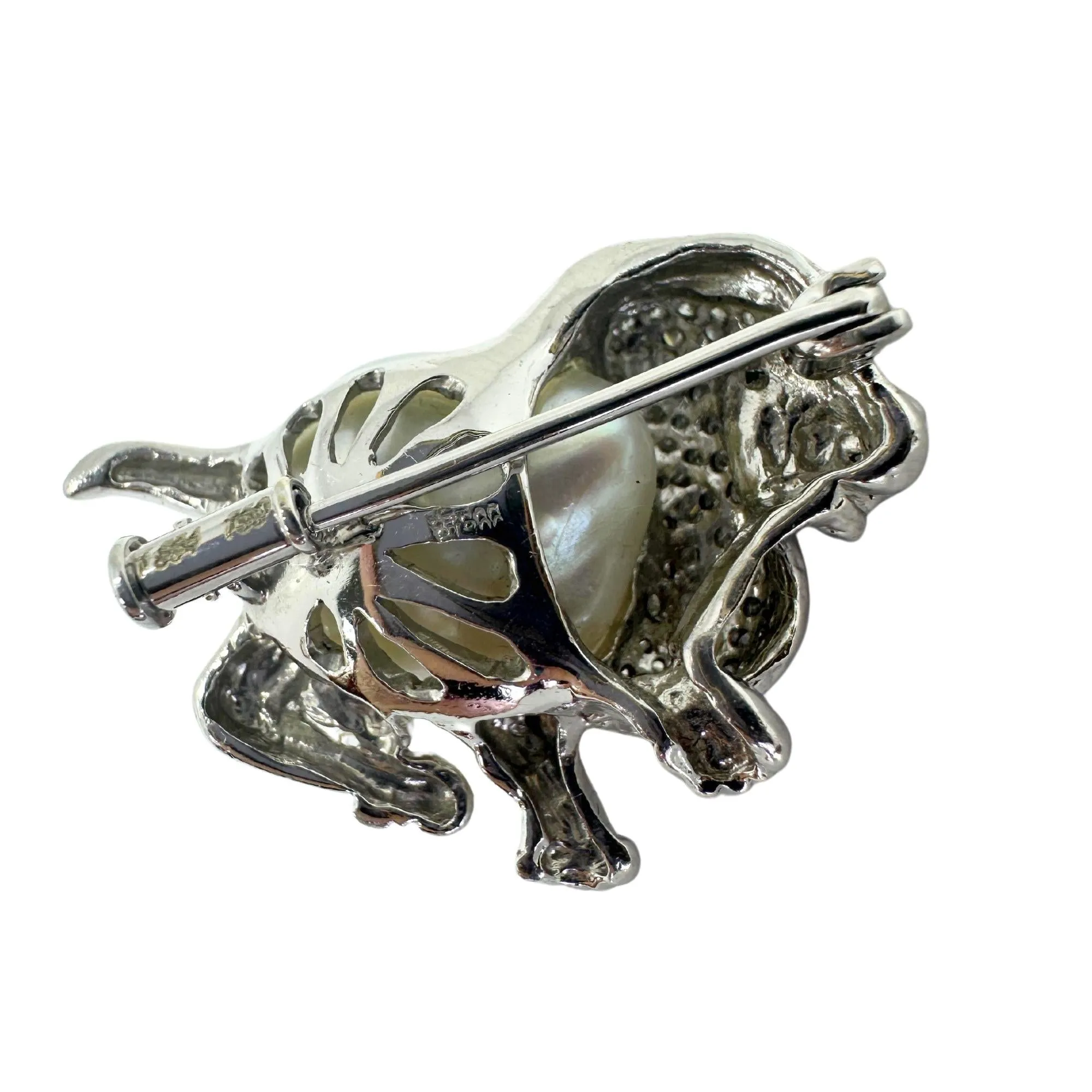 18K White Gold Diamond, Pearl and Emerald Poodle Brooch