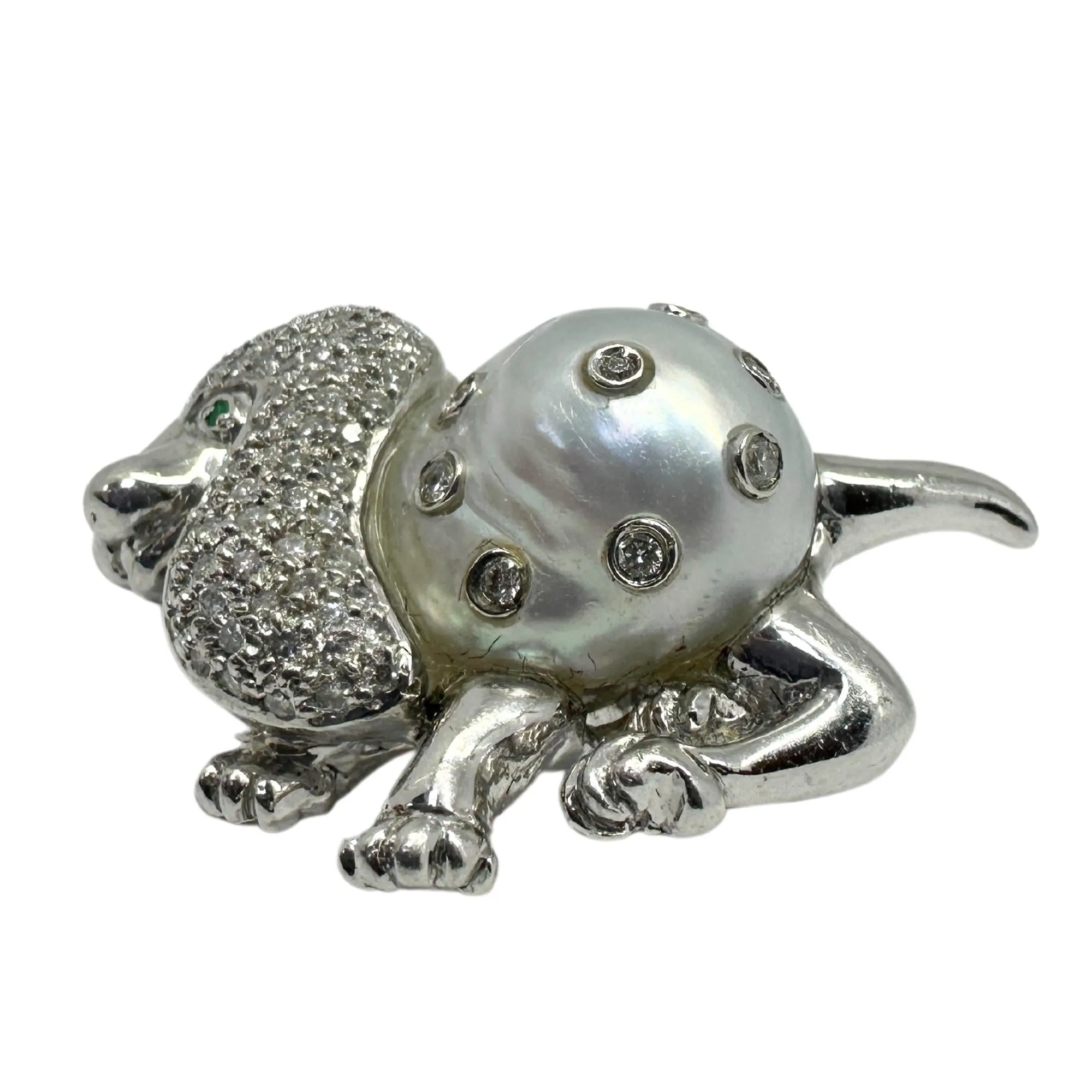 18K White Gold Diamond, Pearl and Emerald Poodle Brooch