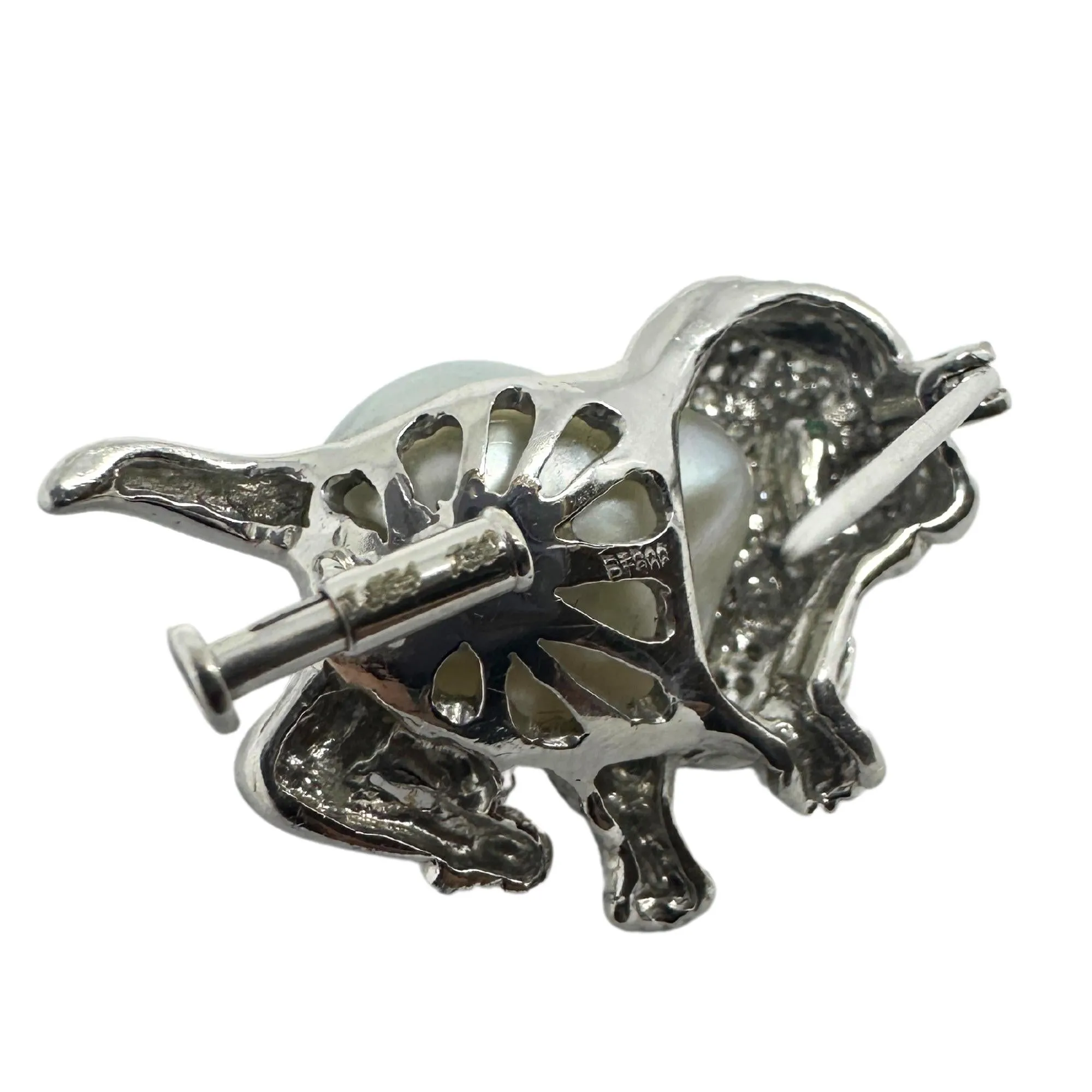 18K White Gold Diamond, Pearl and Emerald Poodle Brooch