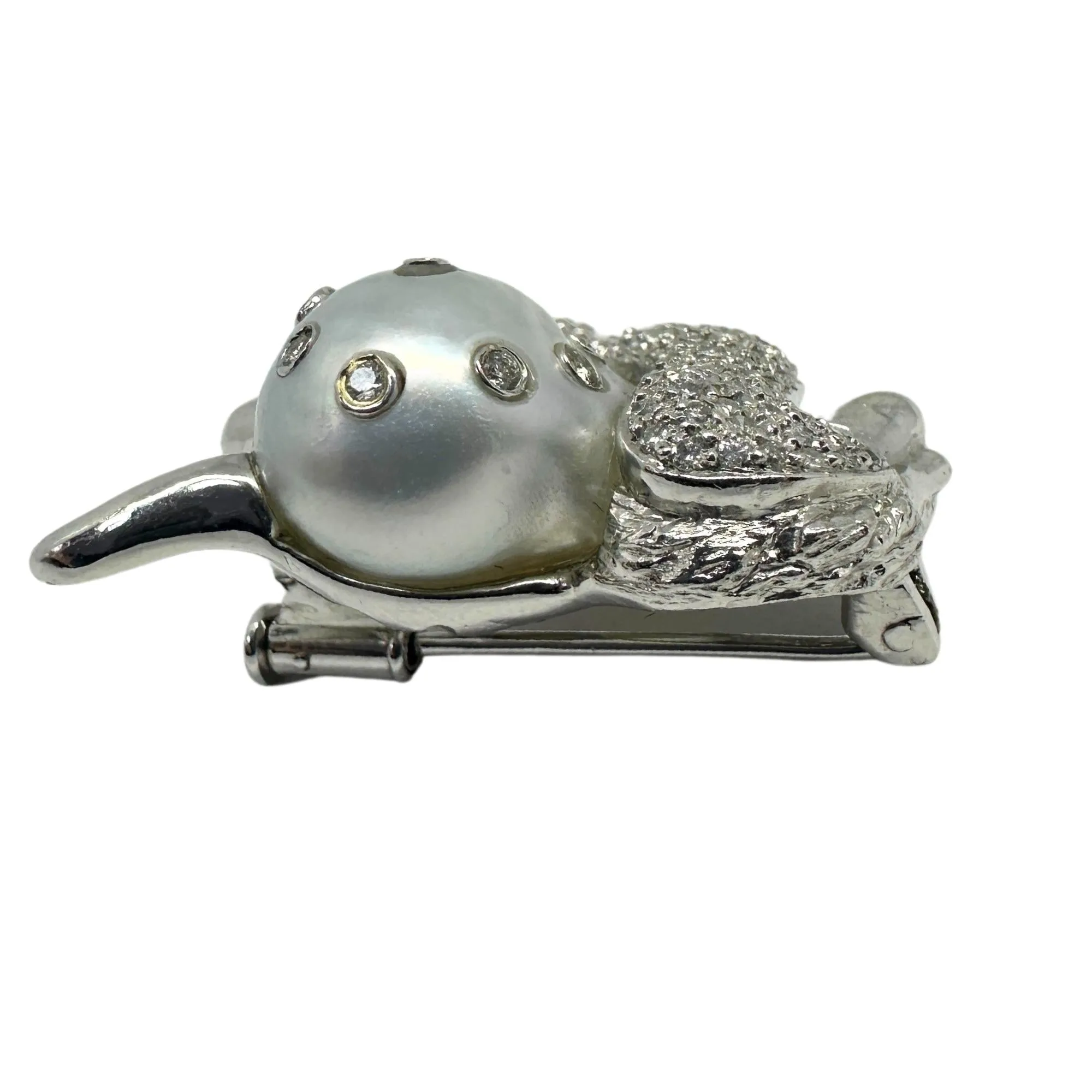 18K White Gold Diamond, Pearl and Emerald Poodle Brooch