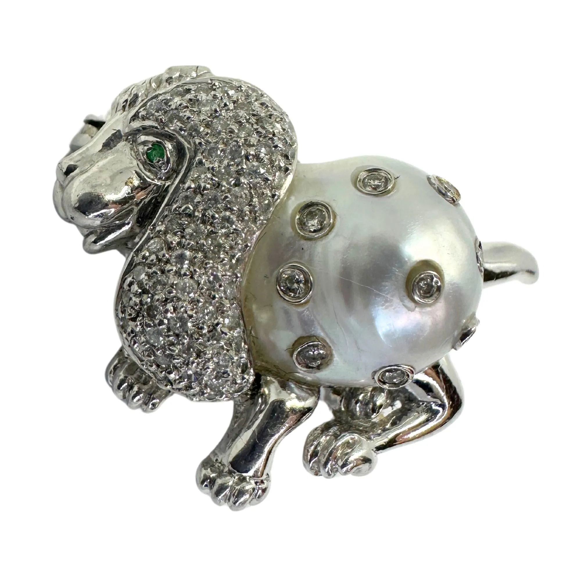 18K White Gold Diamond, Pearl and Emerald Poodle Brooch
