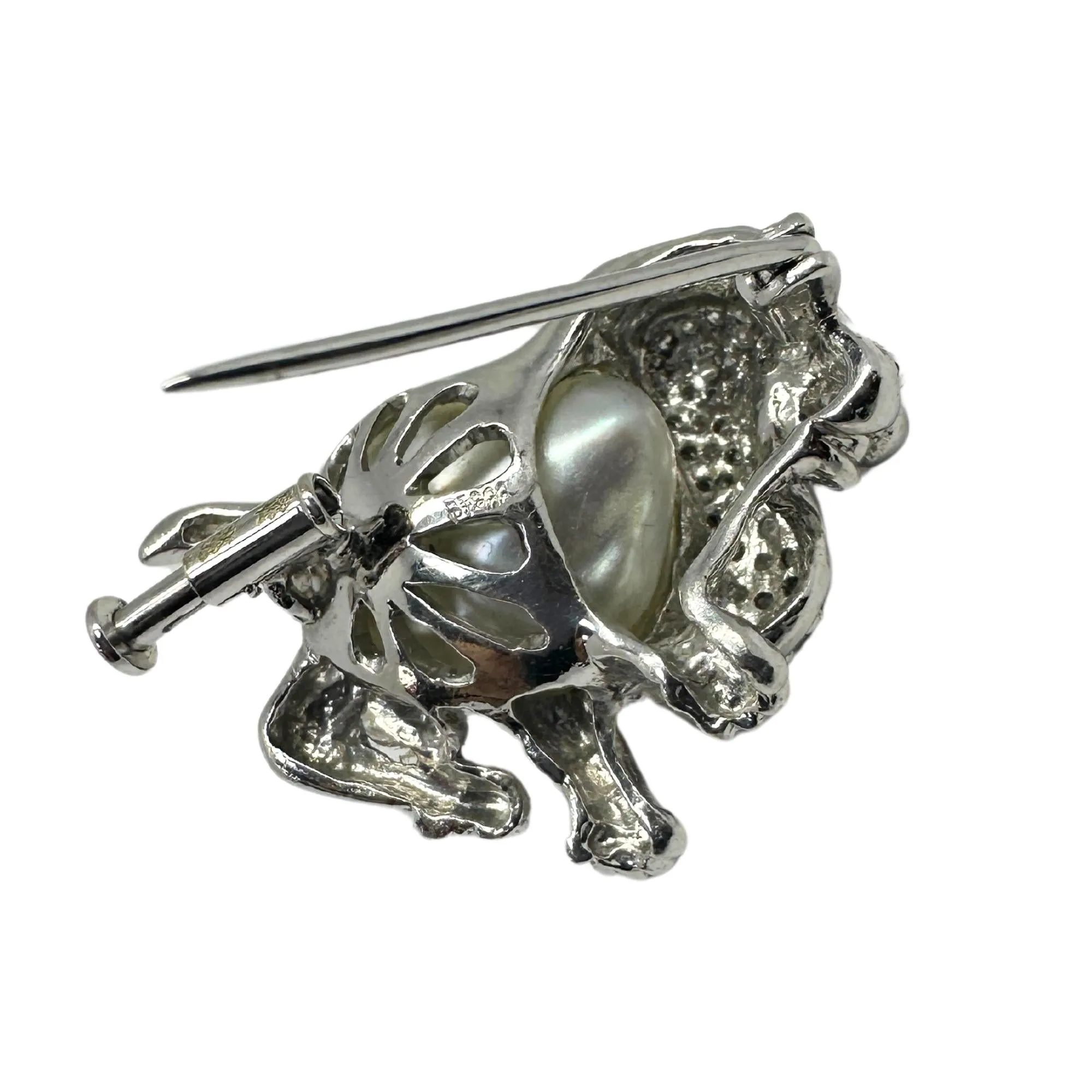 18K White Gold Diamond, Pearl and Emerald Poodle Brooch