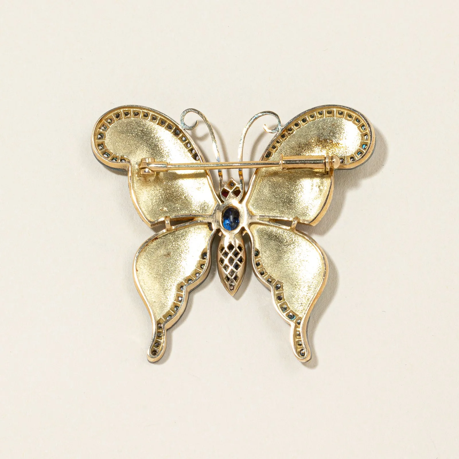 18K Yellow Gold Butter-fly Sapphire Ruby and Diamond Brooch | 0.75ctw, 0.10ctw, 1.00ctw