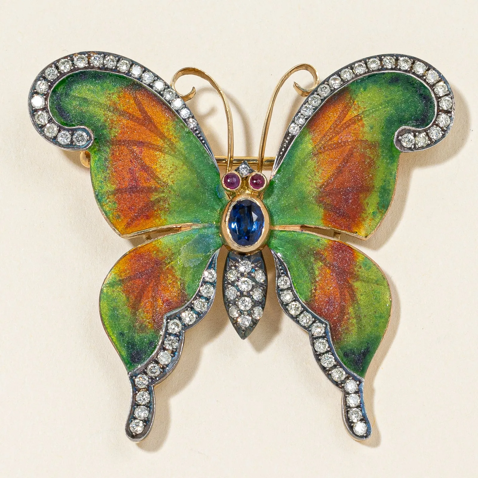 18K Yellow Gold Butter-fly Sapphire Ruby and Diamond Brooch | 0.75ctw, 0.10ctw, 1.00ctw