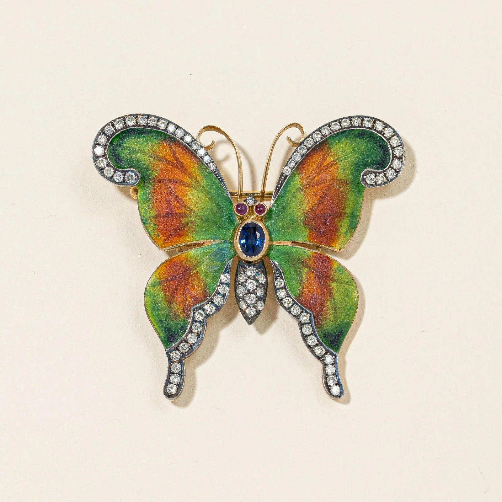 18K Yellow Gold Butter-fly Sapphire Ruby and Diamond Brooch | 0.75ctw, 0.10ctw, 1.00ctw
