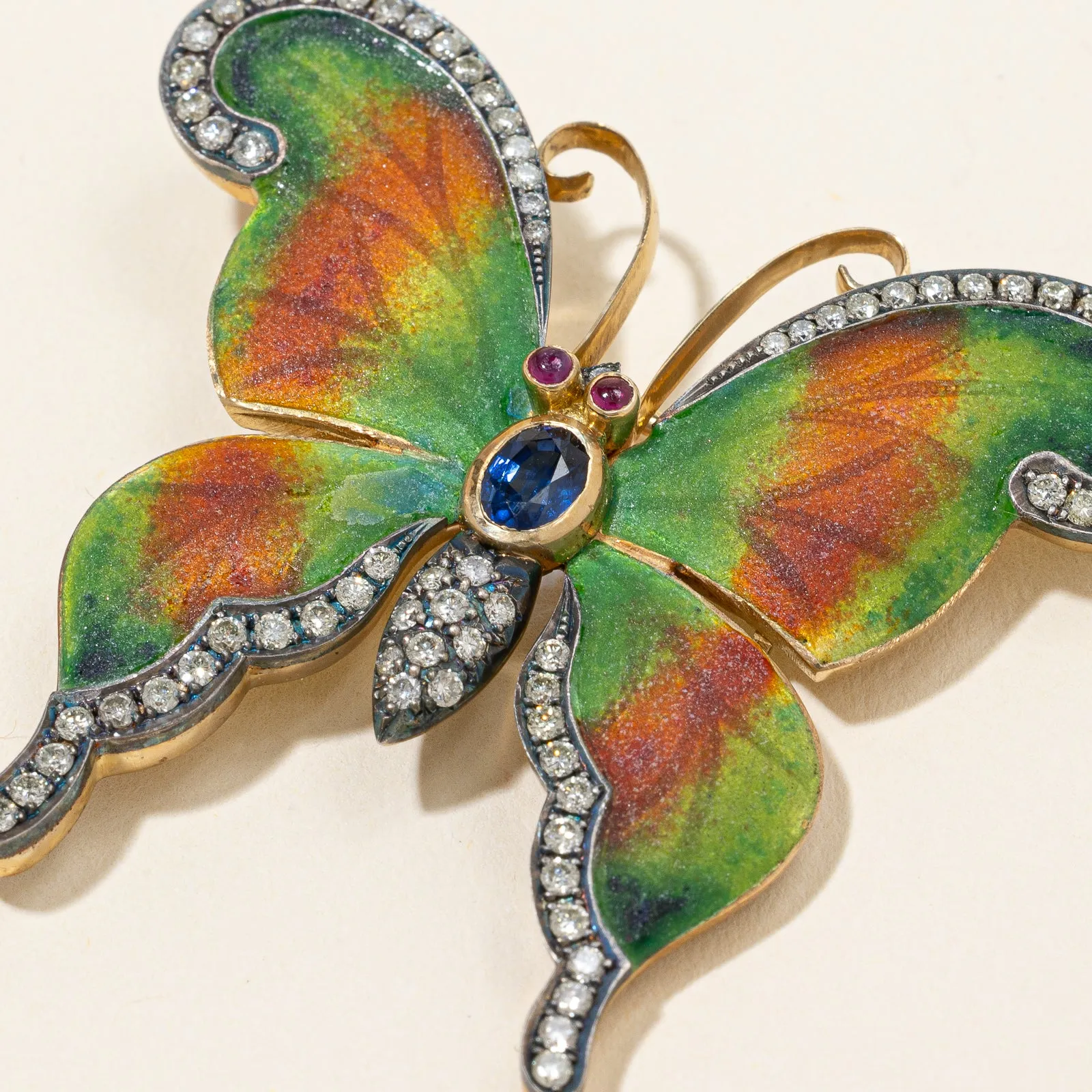 18K Yellow Gold Butter-fly Sapphire Ruby and Diamond Brooch | 0.75ctw, 0.10ctw, 1.00ctw