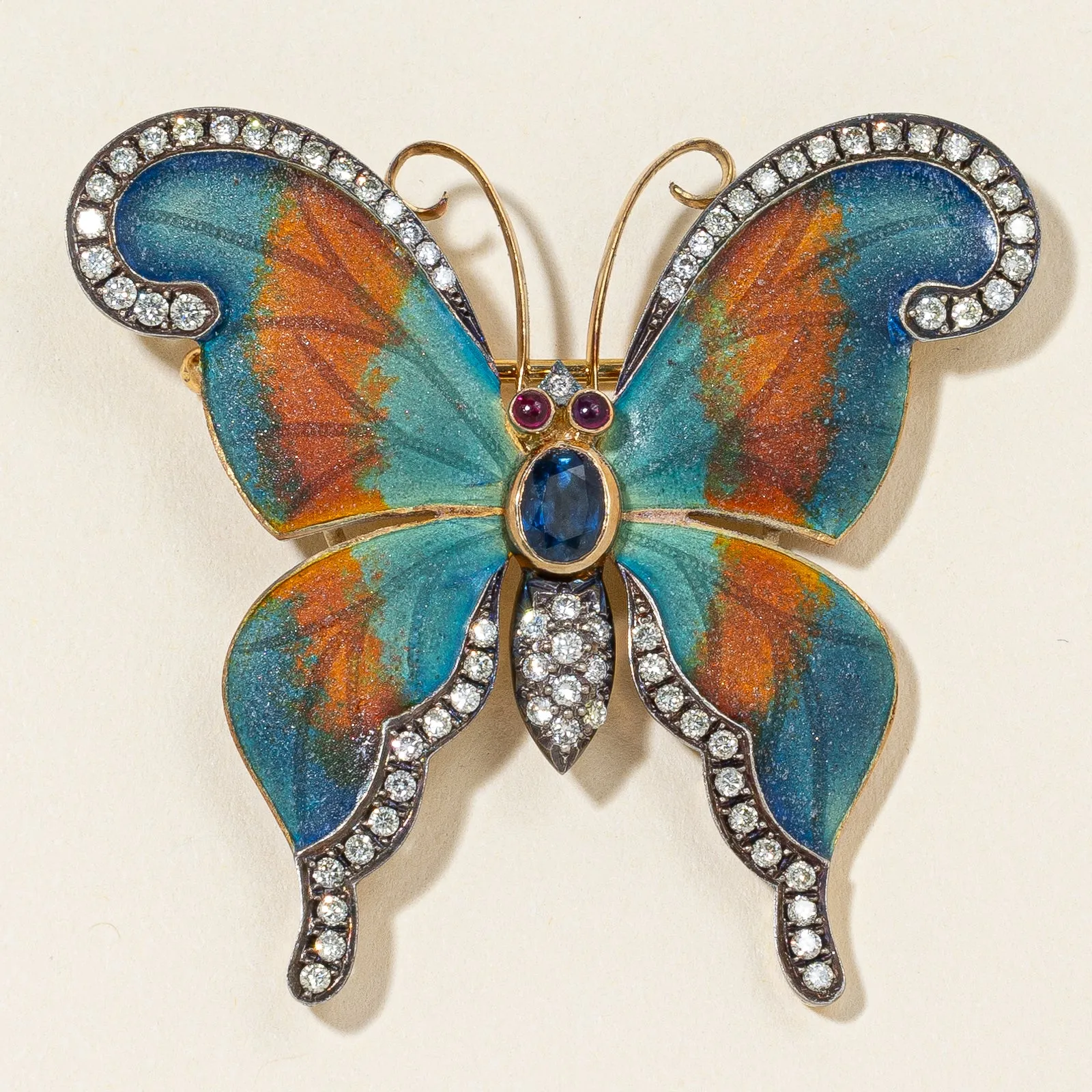 18K Yellow Gold Butterfly Sapphire Ruby and Diamond Brooch | 0.53ctw, 1.7-1.8mm, 0.90ctw
