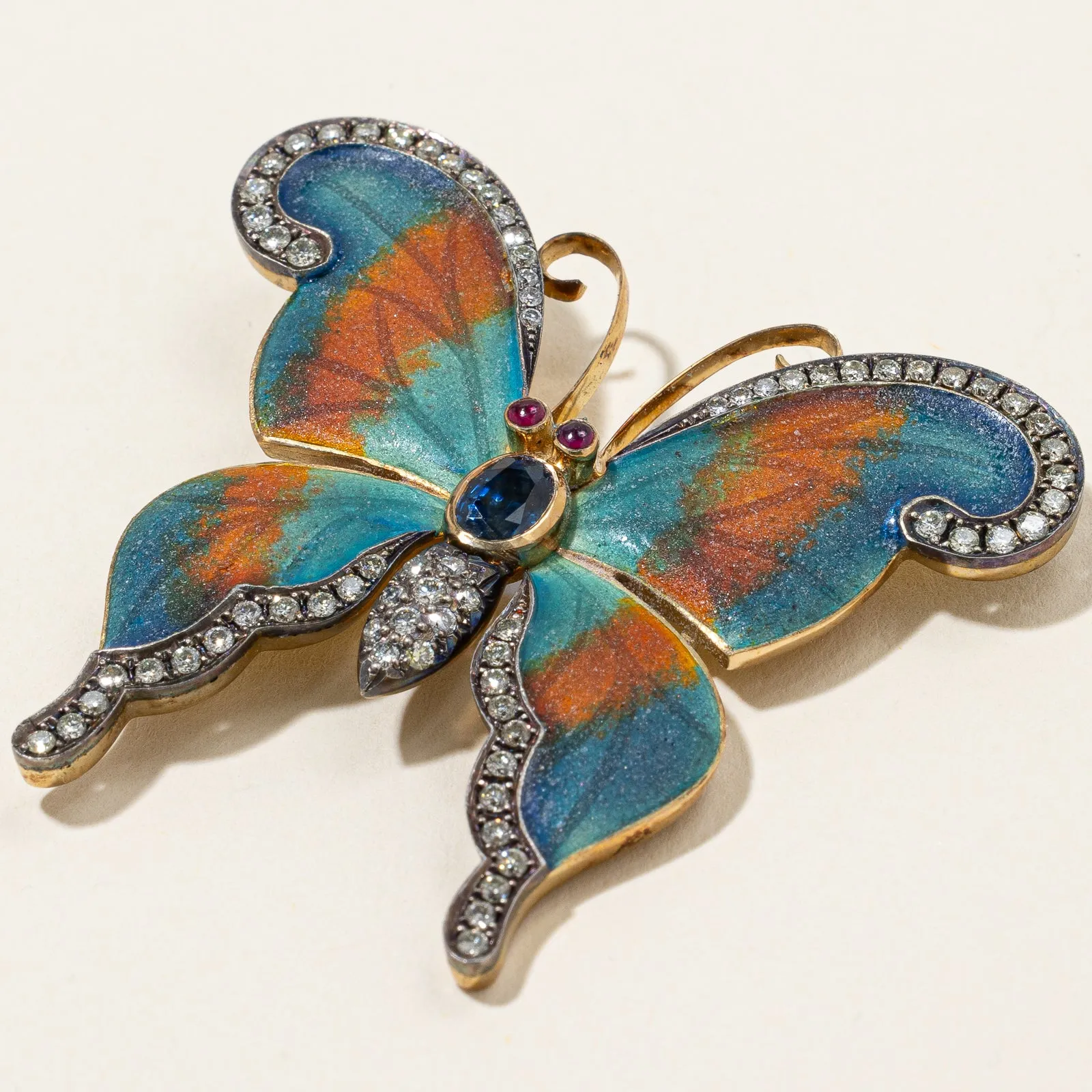 18K Yellow Gold Butterfly Sapphire Ruby and Diamond Brooch | 0.53ctw, 1.7-1.8mm, 0.90ctw
