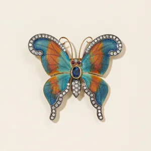 18K Yellow Gold Butterfly Sapphire Ruby and Diamond Brooch | 0.53ctw, 1.7-1.8mm, 0.90ctw