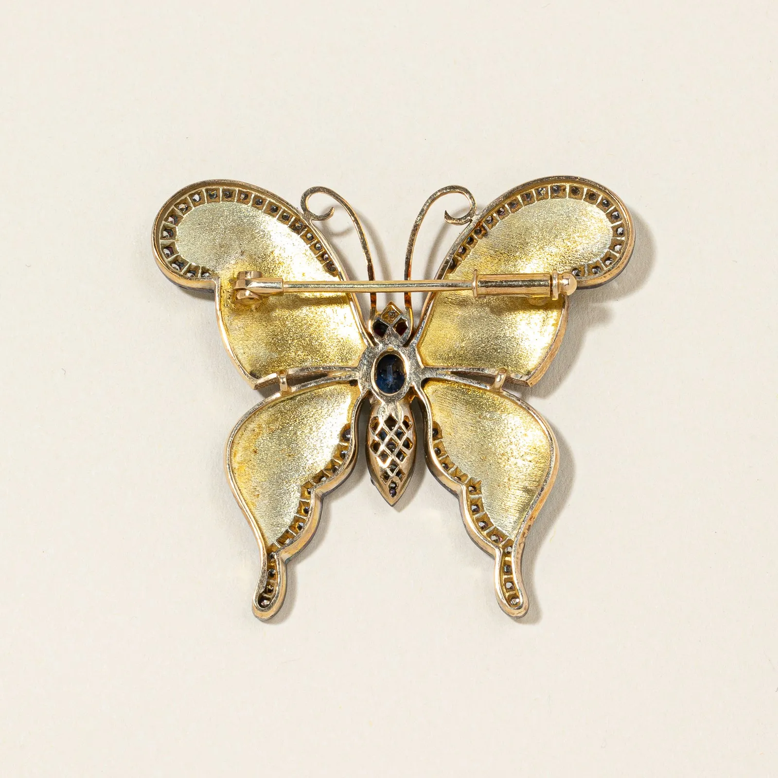 18K Yellow Gold Butterfly Sapphire Ruby and Diamond Brooch | 0.53ctw, 1.7-1.8mm, 0.90ctw