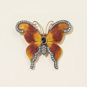 18K Yellow Gold Butterfly Sapphire Ruby and Diamond Brooch | 0.75ctw, 0.10ctw, 1.00ctw
