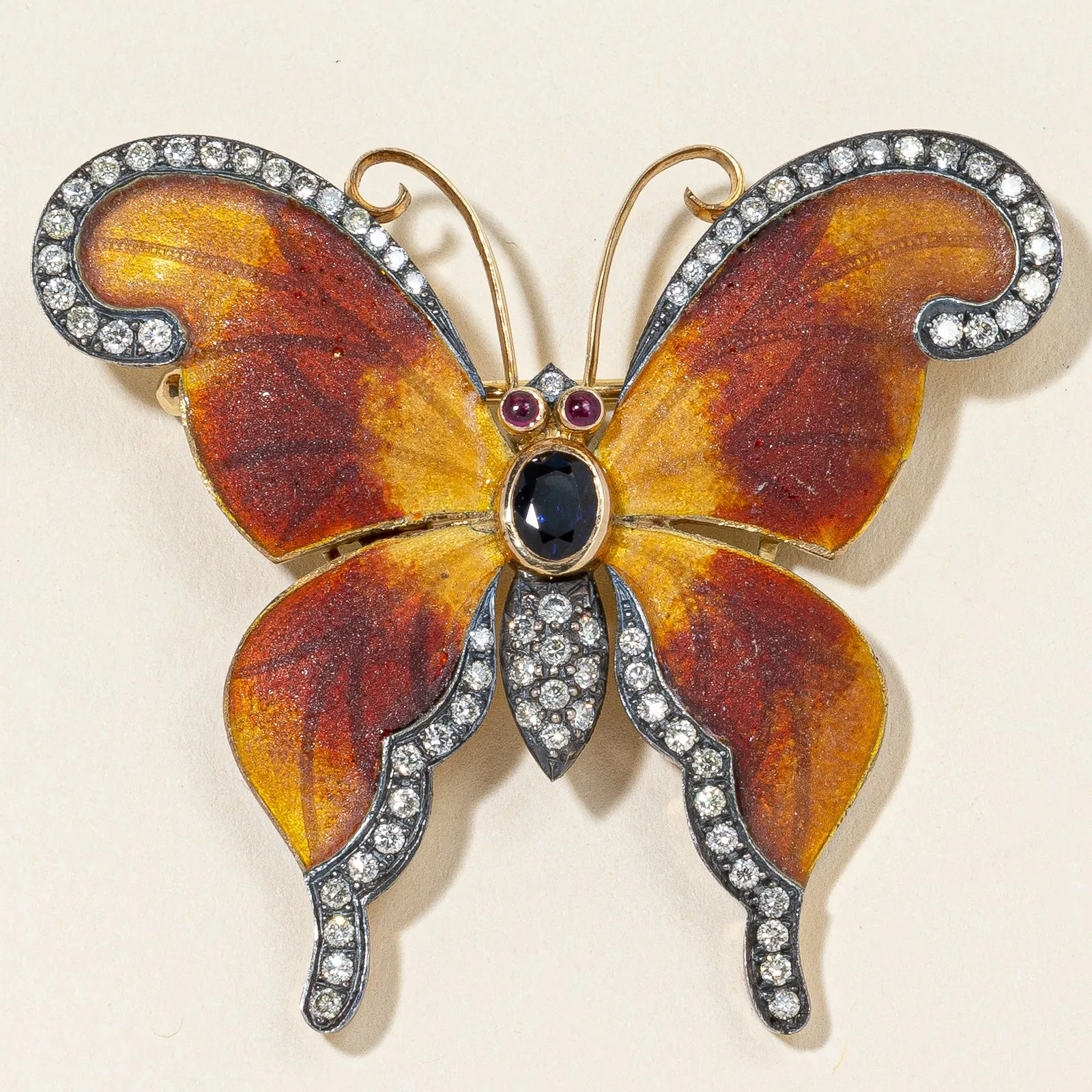18K Yellow Gold Butterfly Sapphire Ruby and Diamond Brooch | 0.75ctw, 0.10ctw, 1.00ctw