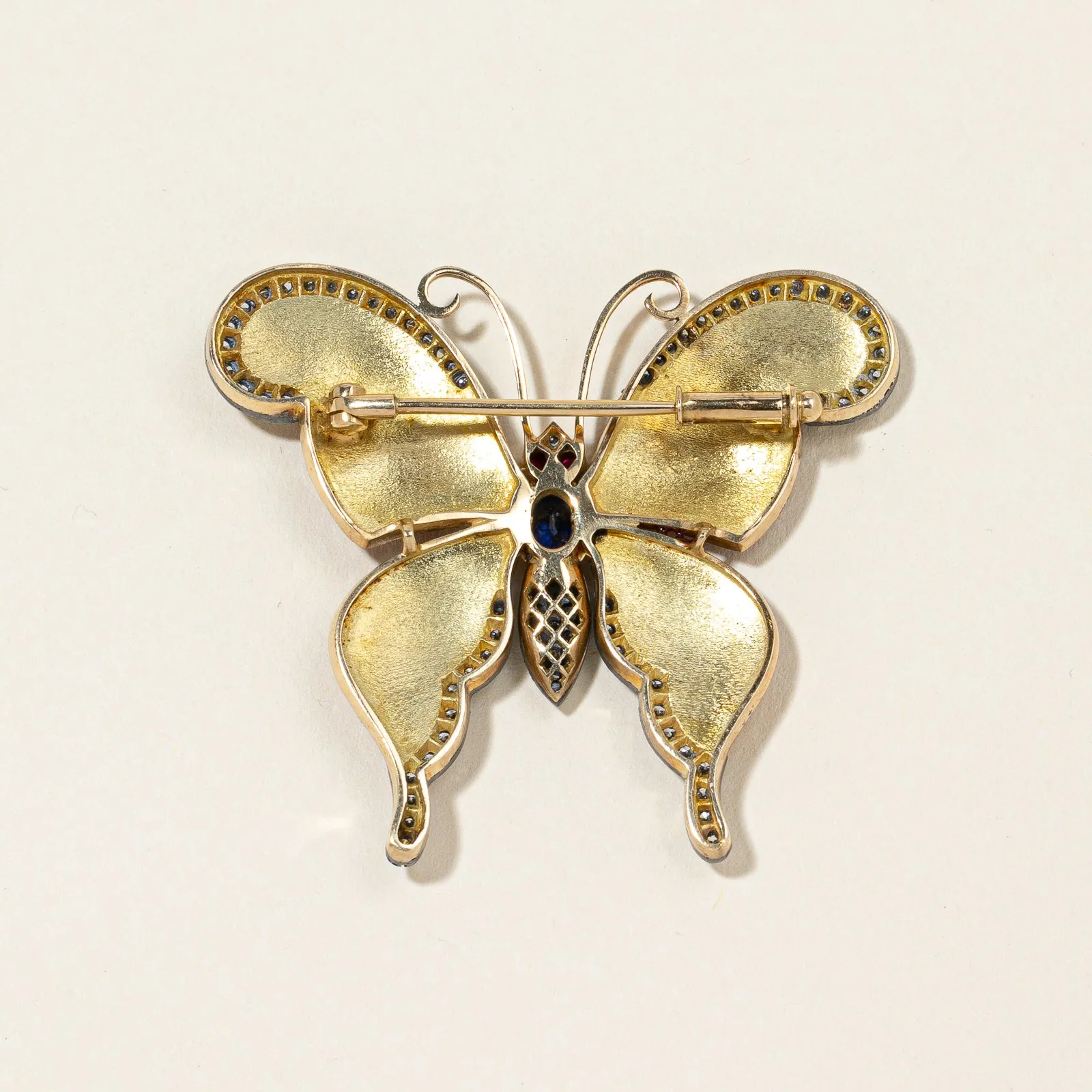 18K Yellow Gold Butterfly Sapphire Ruby and Diamond Brooch | 0.75ctw, 0.10ctw, 1.00ctw