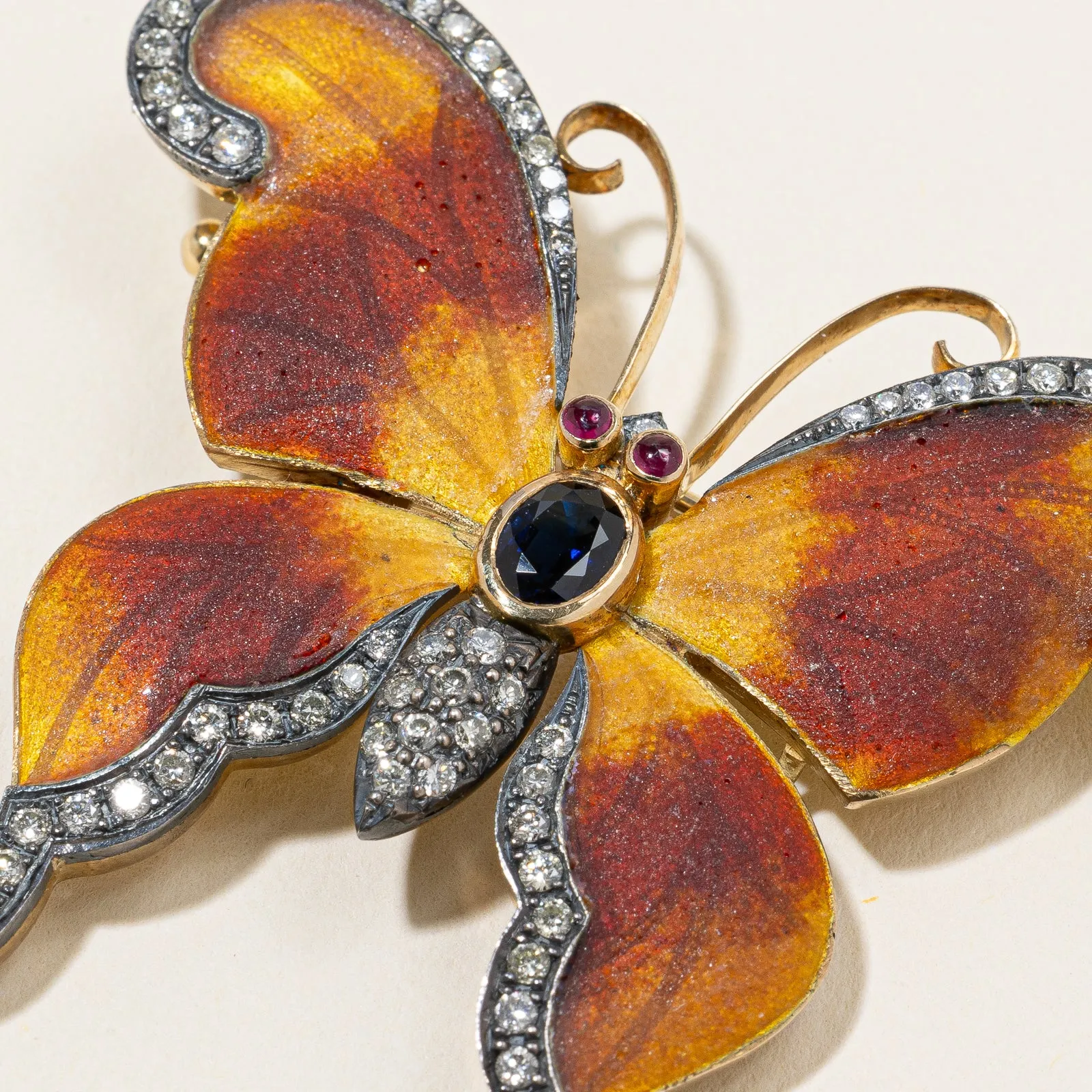18K Yellow Gold Butterfly Sapphire Ruby and Diamond Brooch | 0.75ctw, 0.10ctw, 1.00ctw