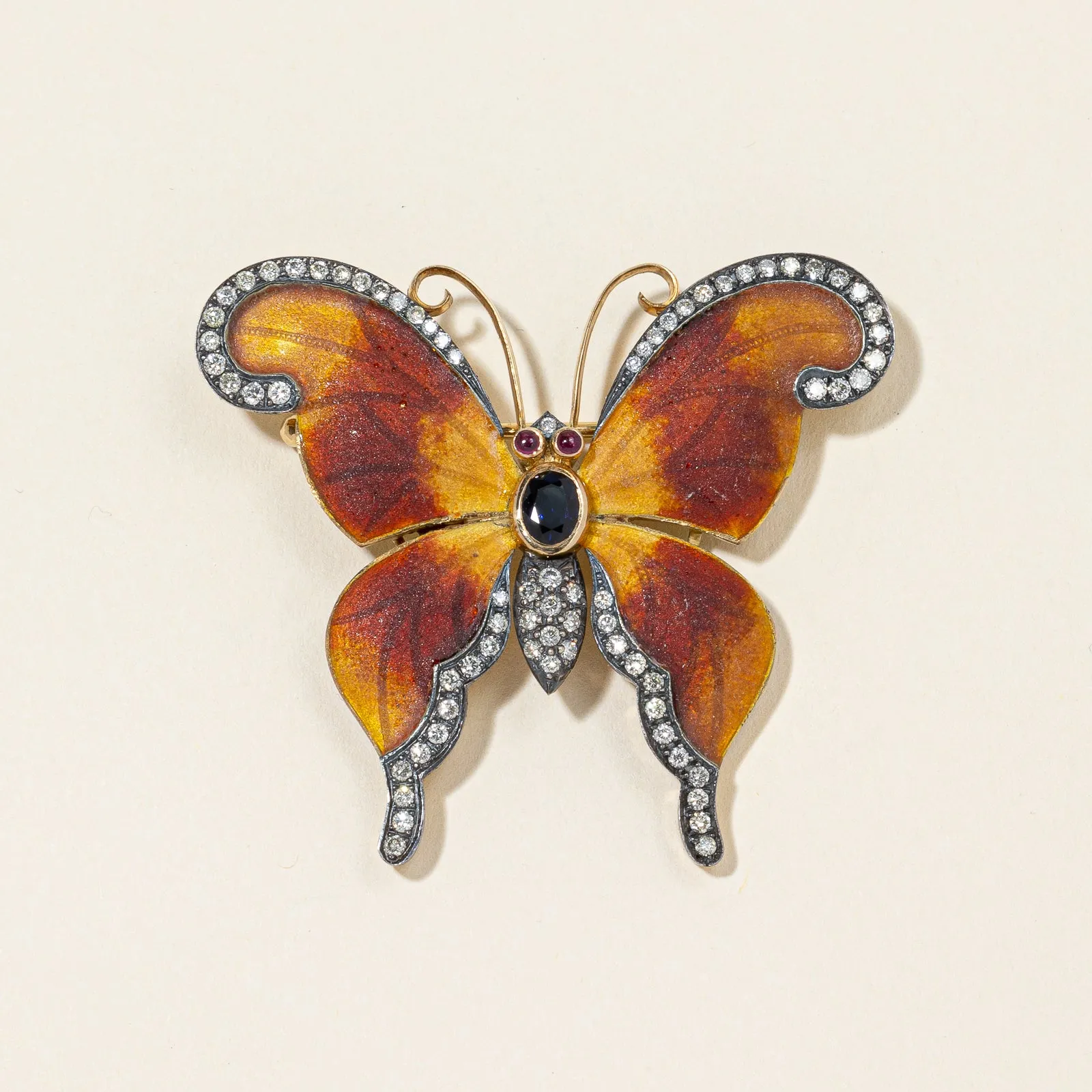 18K Yellow Gold Butterfly Sapphire Ruby and Diamond Brooch | 0.75ctw, 0.10ctw, 1.00ctw