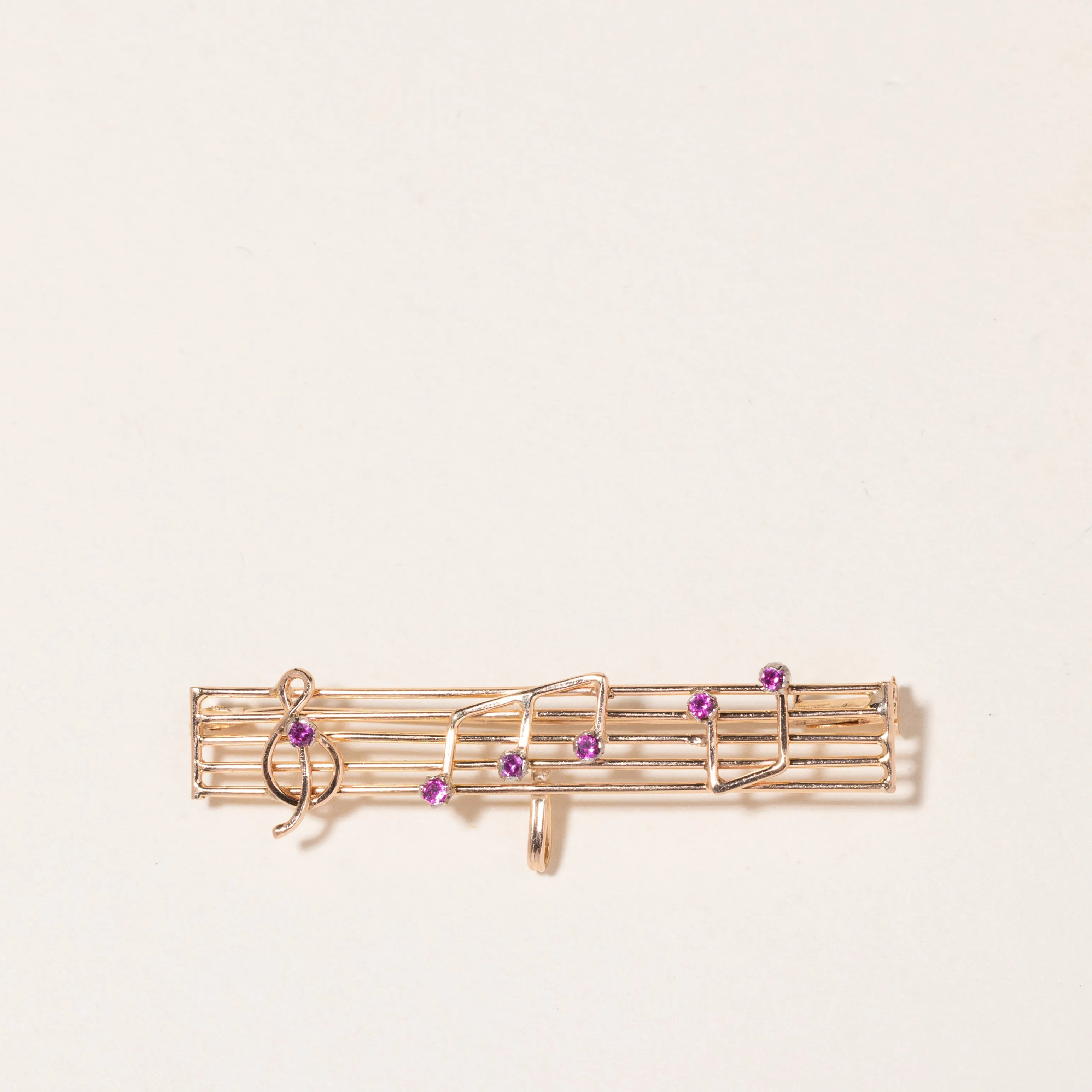 18K Yellow Gold Pink Topaz Music Notes Brooch | 0.14ctw |