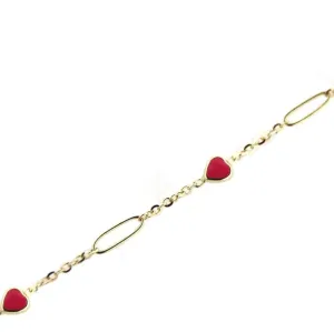18KT Yellow Gold Open Link Pink Enamel Heart Bracelet 6 inches
