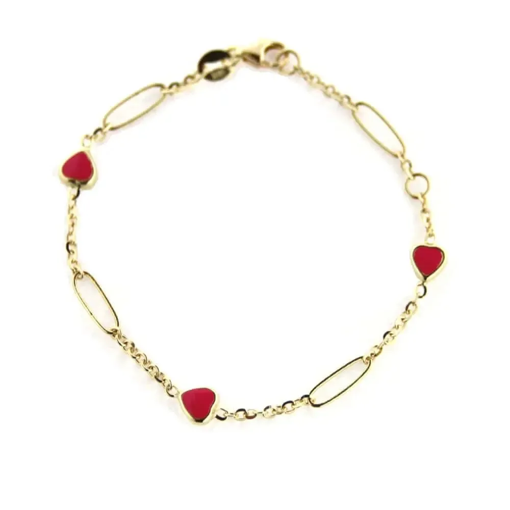 18KT Yellow Gold Open Link Pink Enamel Heart Bracelet 6 inches