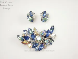 1950s Vintage Brooch and Earrings Set Signed Coro Light Blue Green Crystal AB