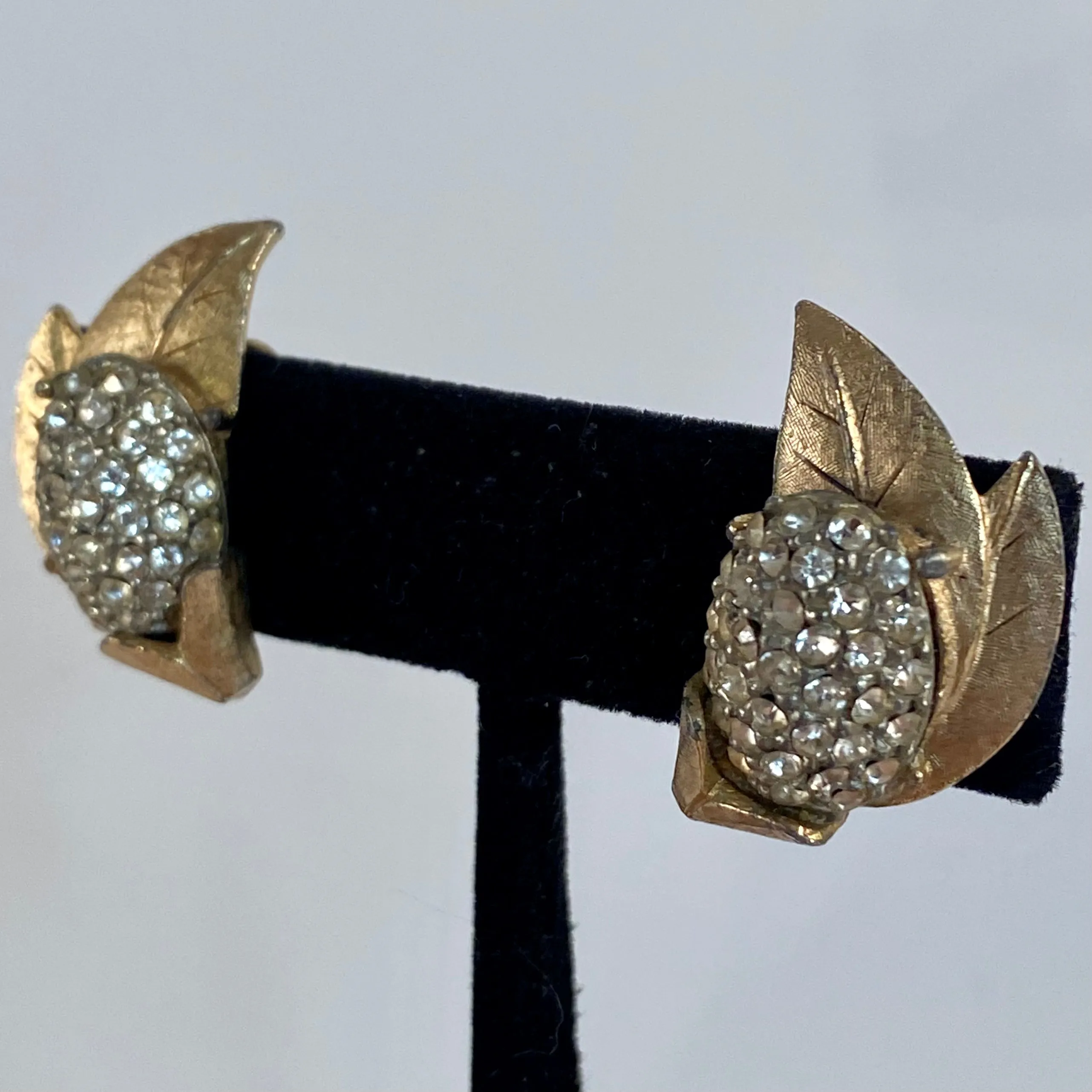 1960s BSK Rhinestone Leaf Earrings