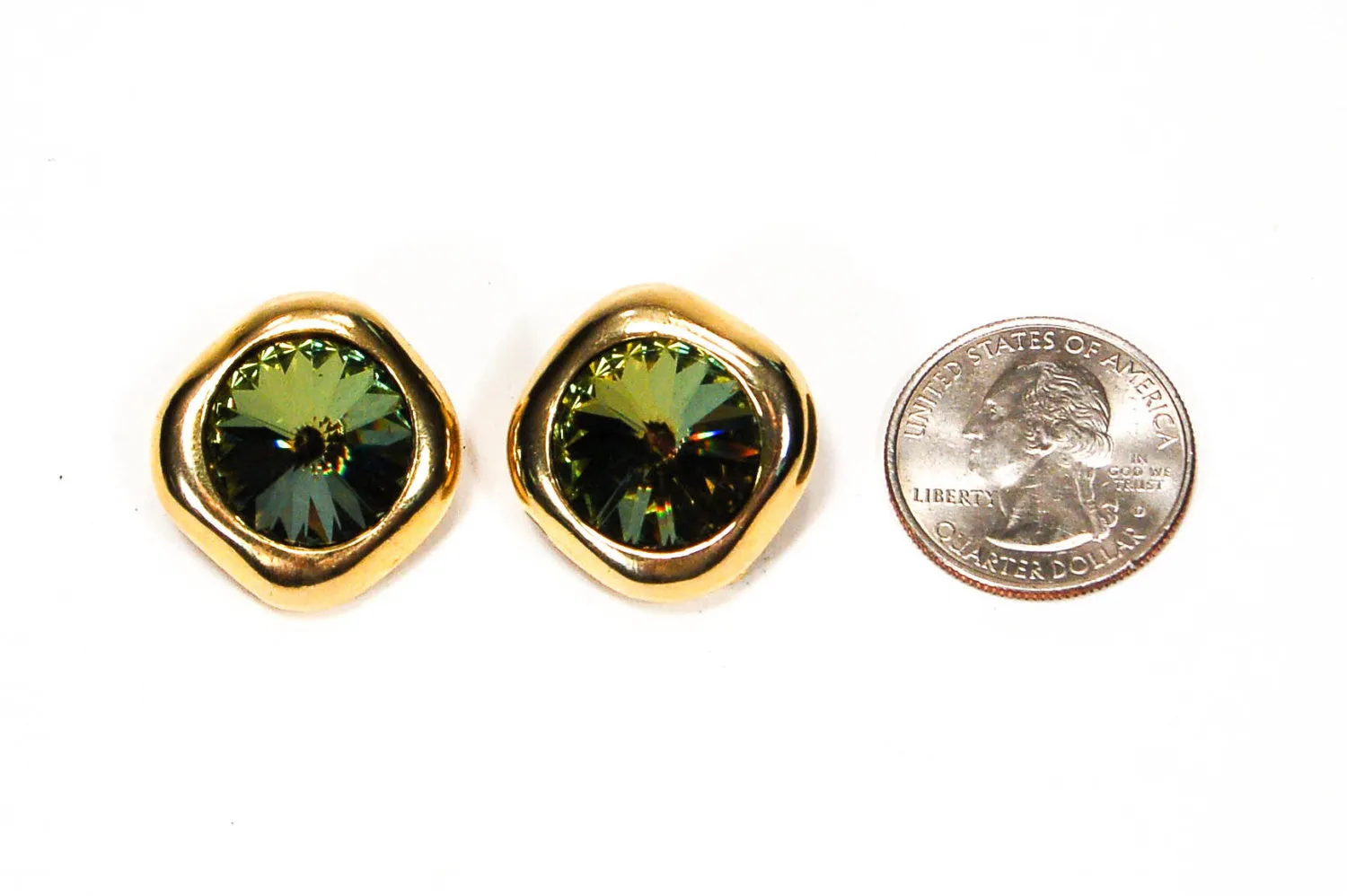 1980's Green Heliotrope Rivoli Rhinestone Earrings by Georgiou
