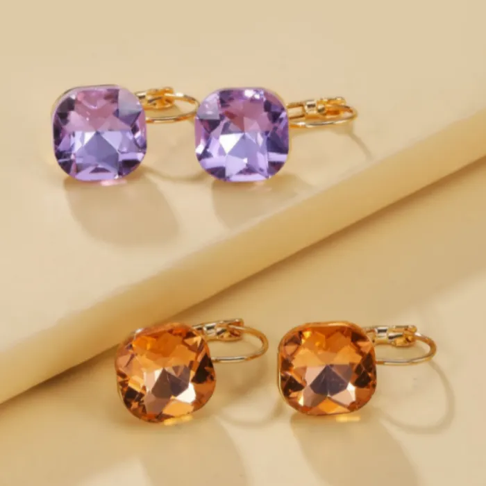 2 Pairs Peach & Purple Gold Rhinestone Earrings