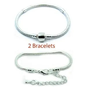 2 (Two) 8" Silver Tone Snake Chain Classic Bead Barrel Clasp  Starter Master Lobster Clasp Bracelet.