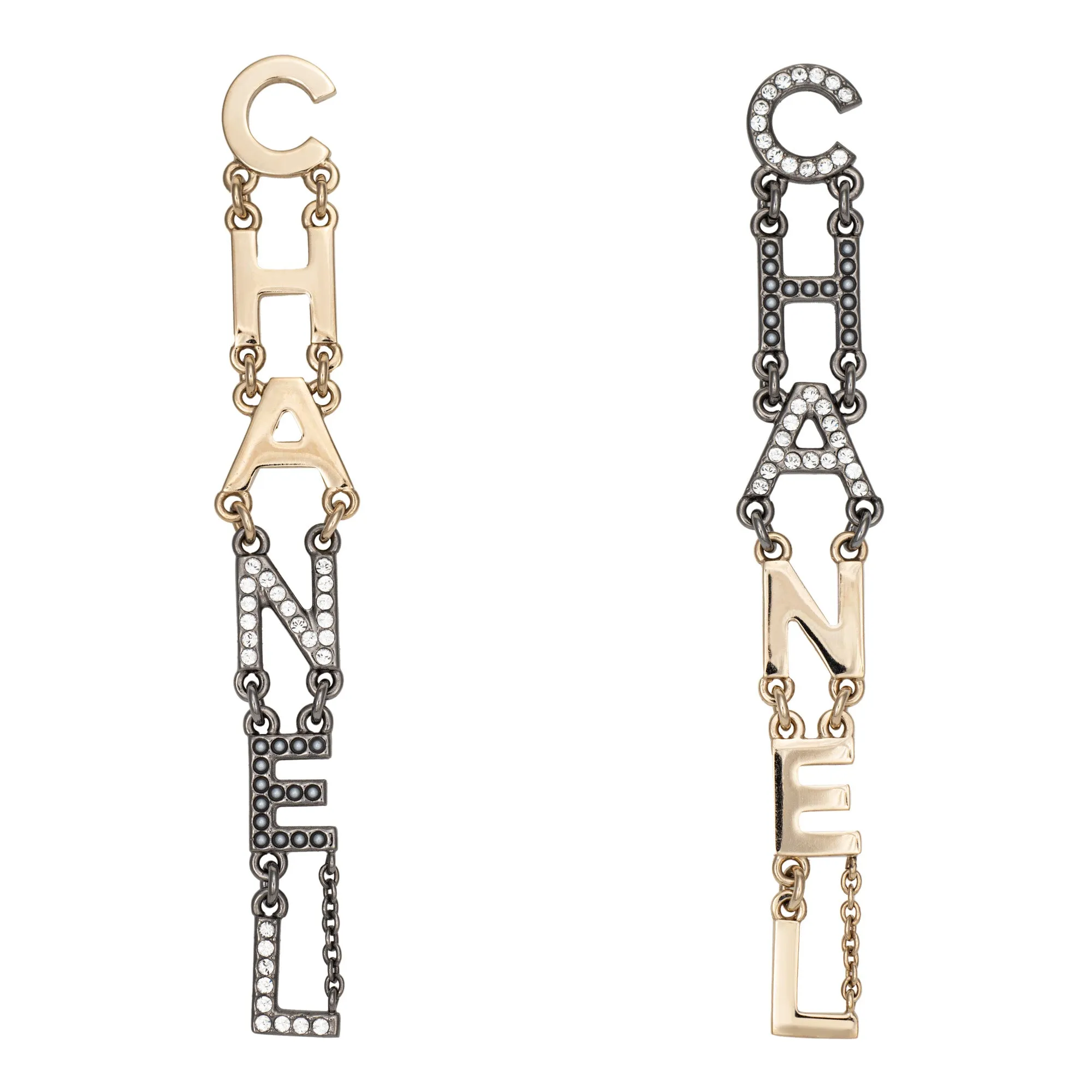 2020 Chanel Logo Long Earrings 3.5" Crystal Faux Pearl Yellow Black Gold Tone