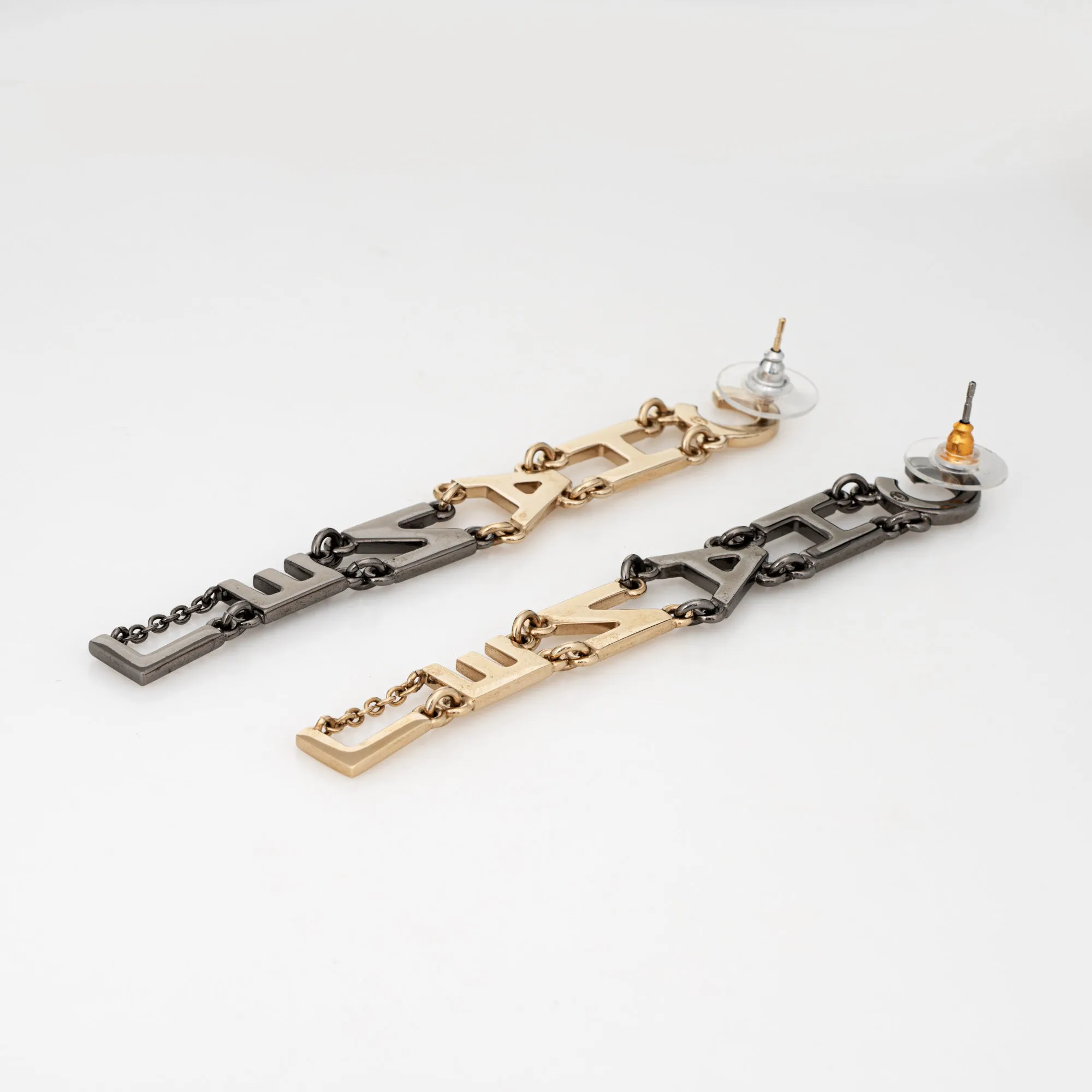 2020 Chanel Logo Long Earrings 3.5" Crystal Faux Pearl Yellow Black Gold Tone