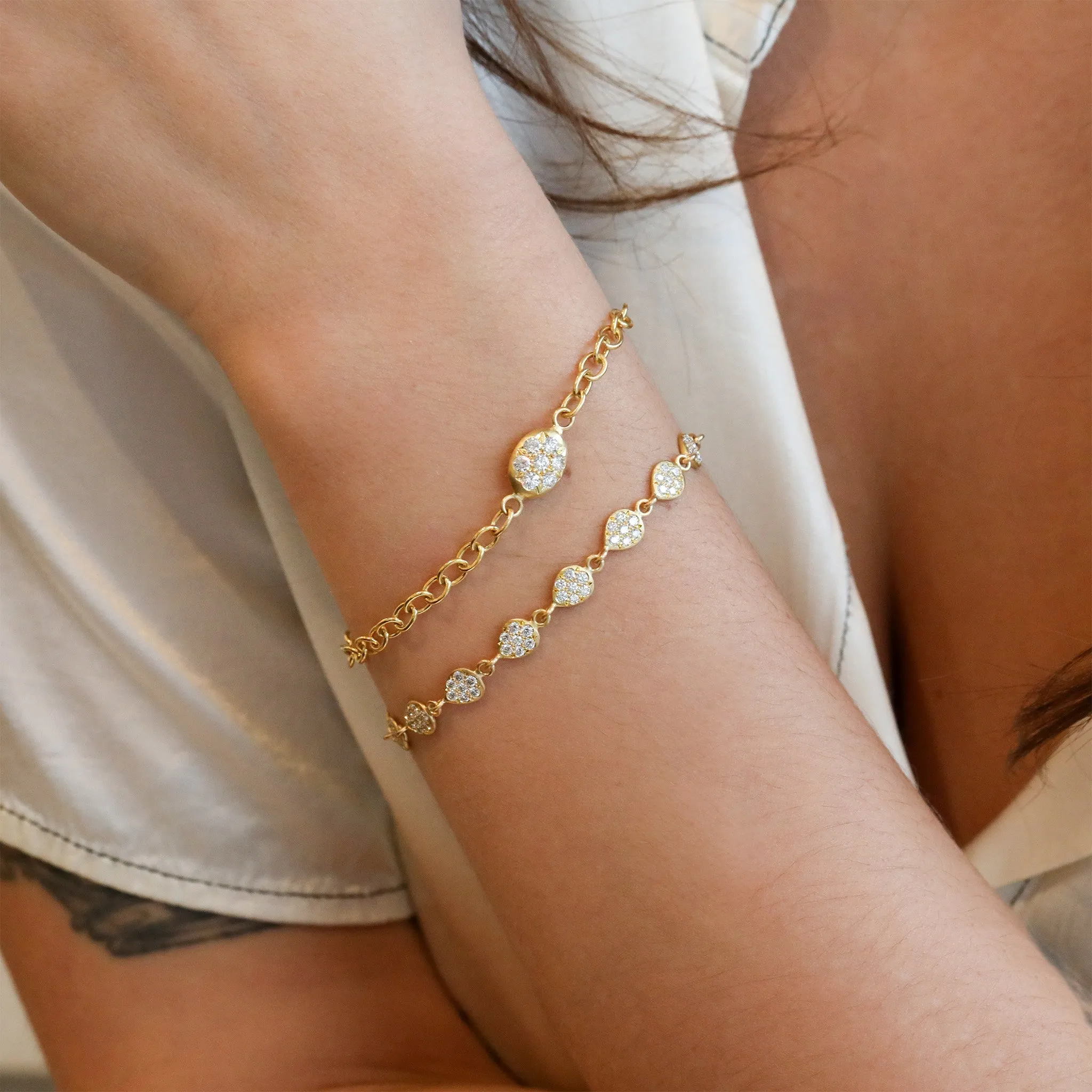 20K Small Link Bracelet with Double-Sided Pave Diamond "Nugget"