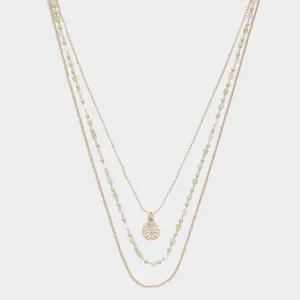3 Layered Metal Glass Bead Chain Pendant Necklace