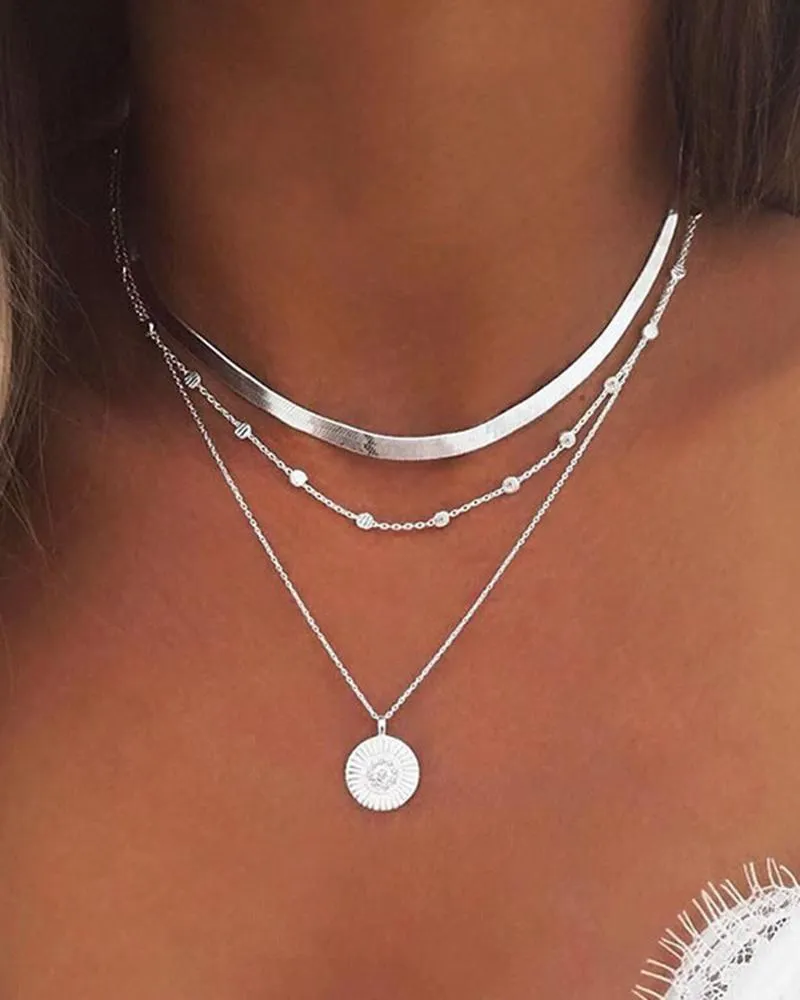 3PCS/Set Multi Layer Beaded Floral Pendant Chain Necklaces