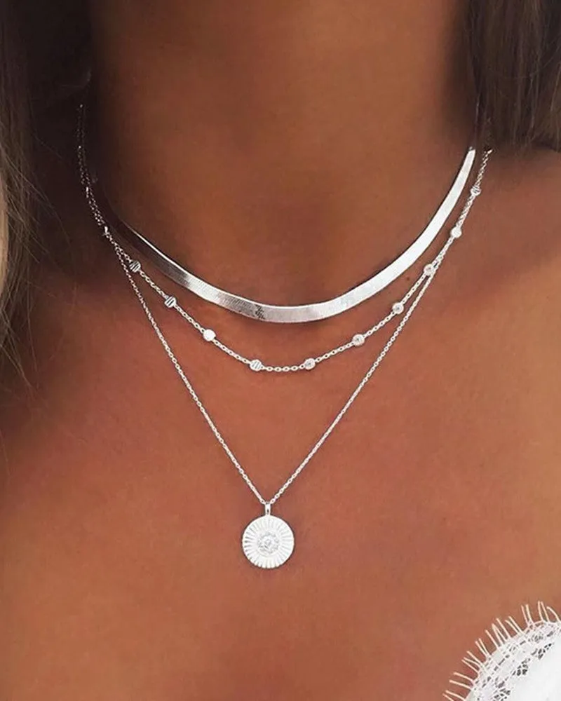 3PCS/Set Multi Layer Beaded Floral Pendant Chain Necklaces