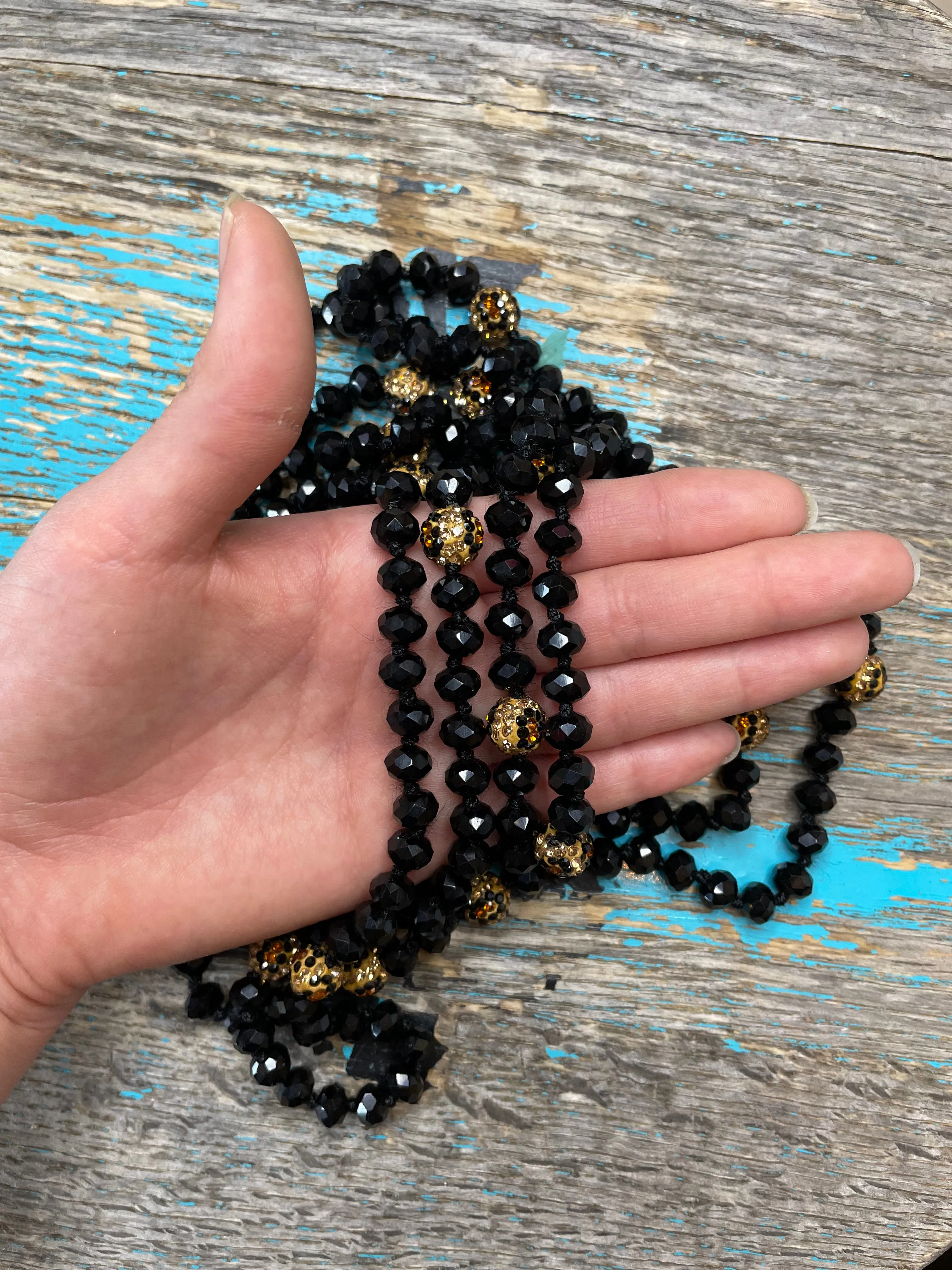 60" Hand Knotted Black Bead Necklace w/ Leopard Crystal Beads
