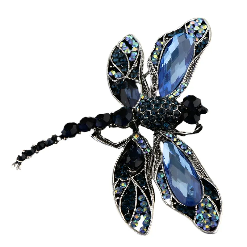 6.4cm Blue Crystal Vintage Dragonfly Brooches for Women Fashion Insect Brooch Pin Backed Coat Jewelry Gifts