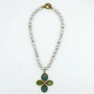 714-AMA-G | AMAZONITE & LIME QUARTZ PENDANT ON BAROQUE PEARLS