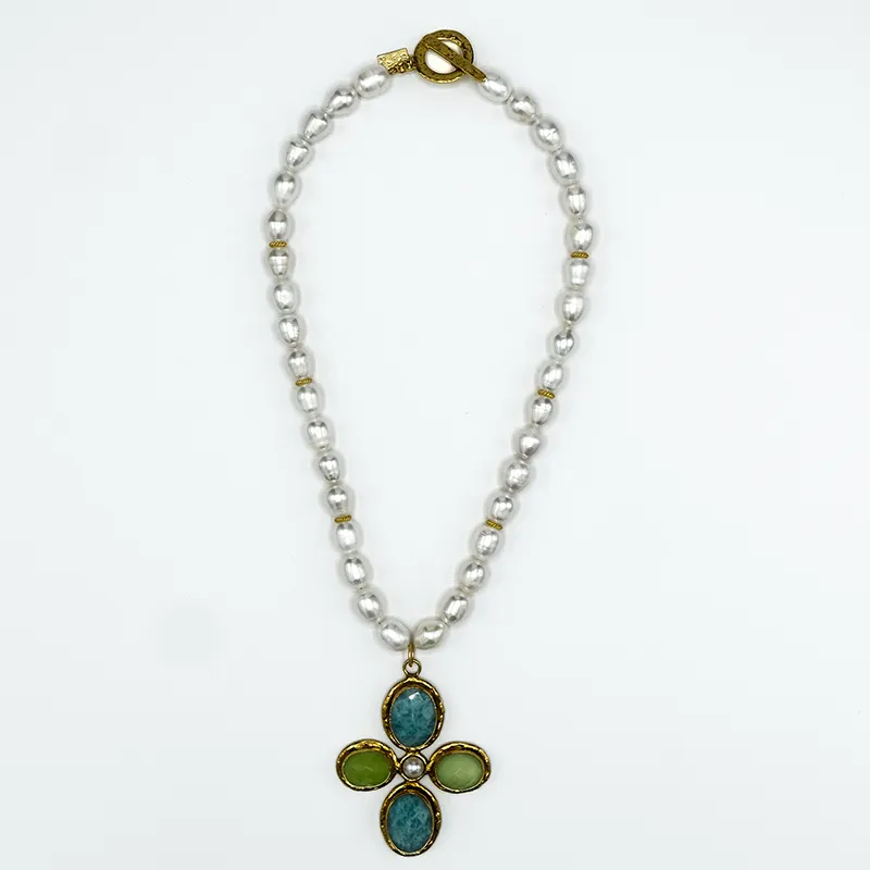 714-AMA-G | AMAZONITE & LIME QUARTZ PENDANT ON BAROQUE PEARLS