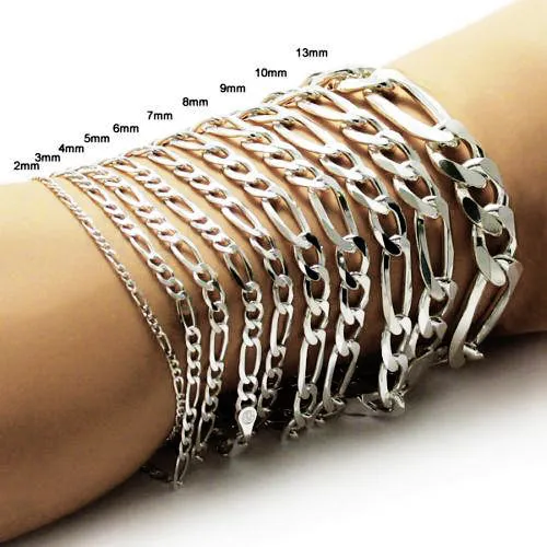 7mm Men's Real Solid 925 Sterling Silver Figaro Chain Bracelet 7.5" to 9"