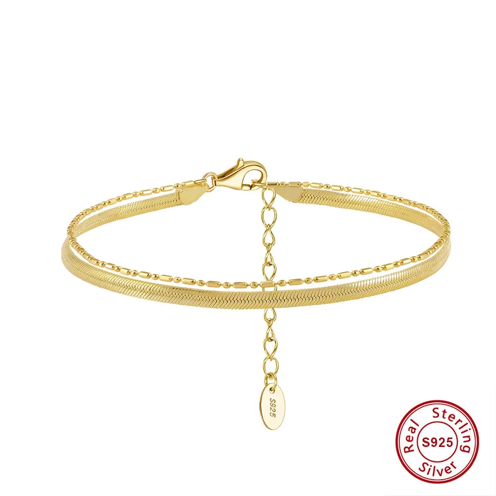 925 Sterling Silver Flexible Flat Herringbone Chain & Ball Bead chain Bracelet