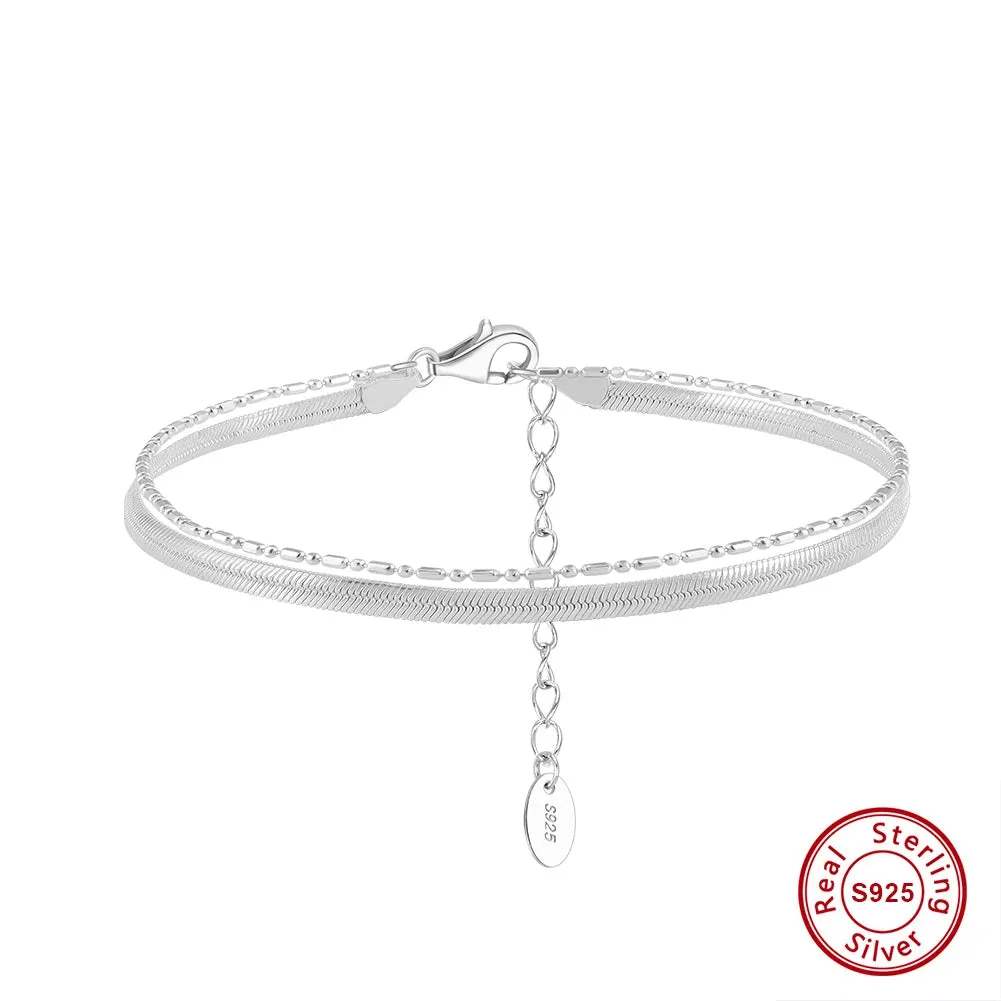 925 Sterling Silver Flexible Flat Herringbone Chain & Ball Bead chain Bracelet